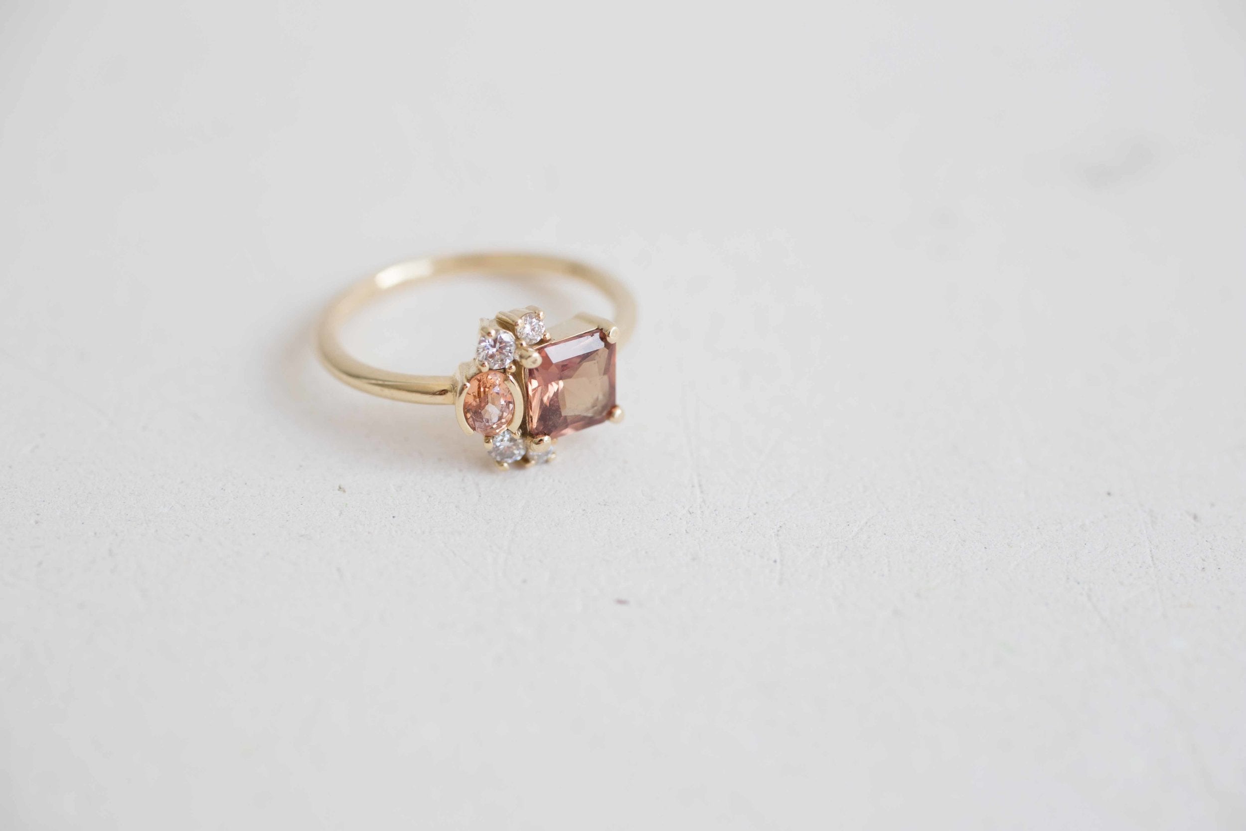 Burnt Sienna Square Cut Ceylon Sapphire, Peach Sapphire + Diamond Cluster Engagement Ring | 14k Recycled Gold | One of a Kind