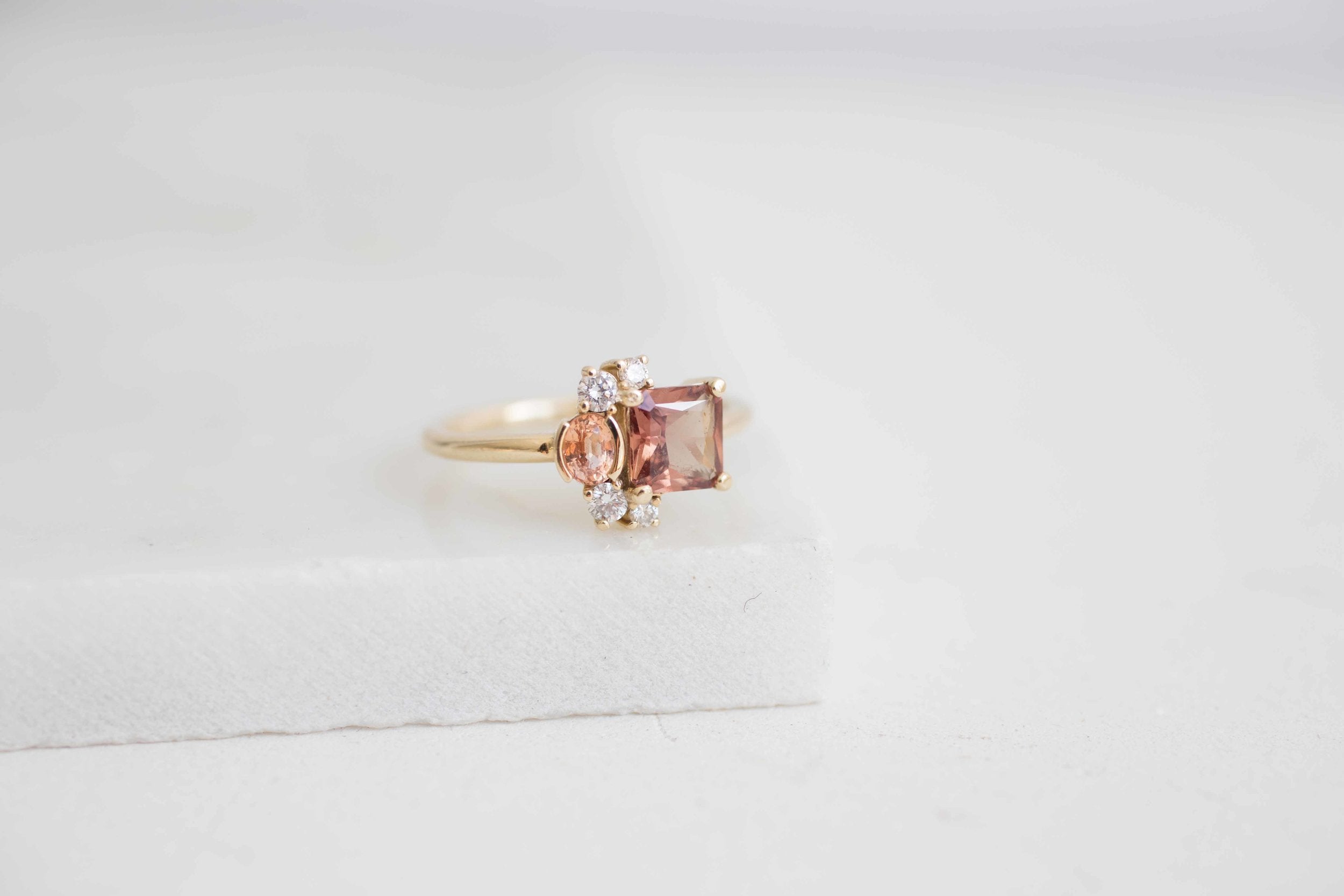 Burnt Sienna Square Cut Ceylon Sapphire, Peach Sapphire + Diamond Cluster Engagement Ring | 14k Recycled Gold | One of a Kind