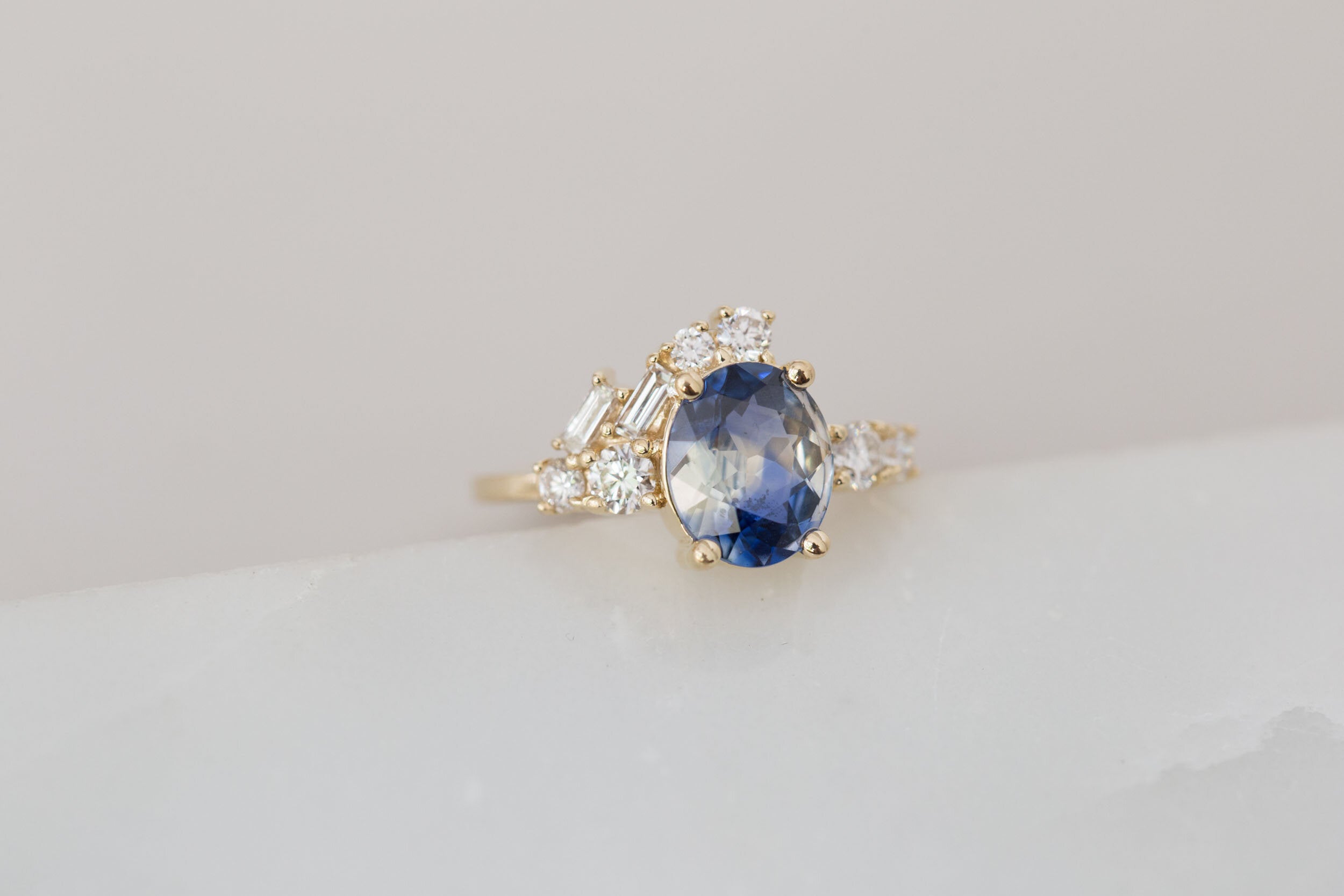 Forio Ring | Bicolor Blue White Sapphire + Diamond Baguette Arch Cluster Engagement Ring | 14k Recycled Gold | One of a Kind