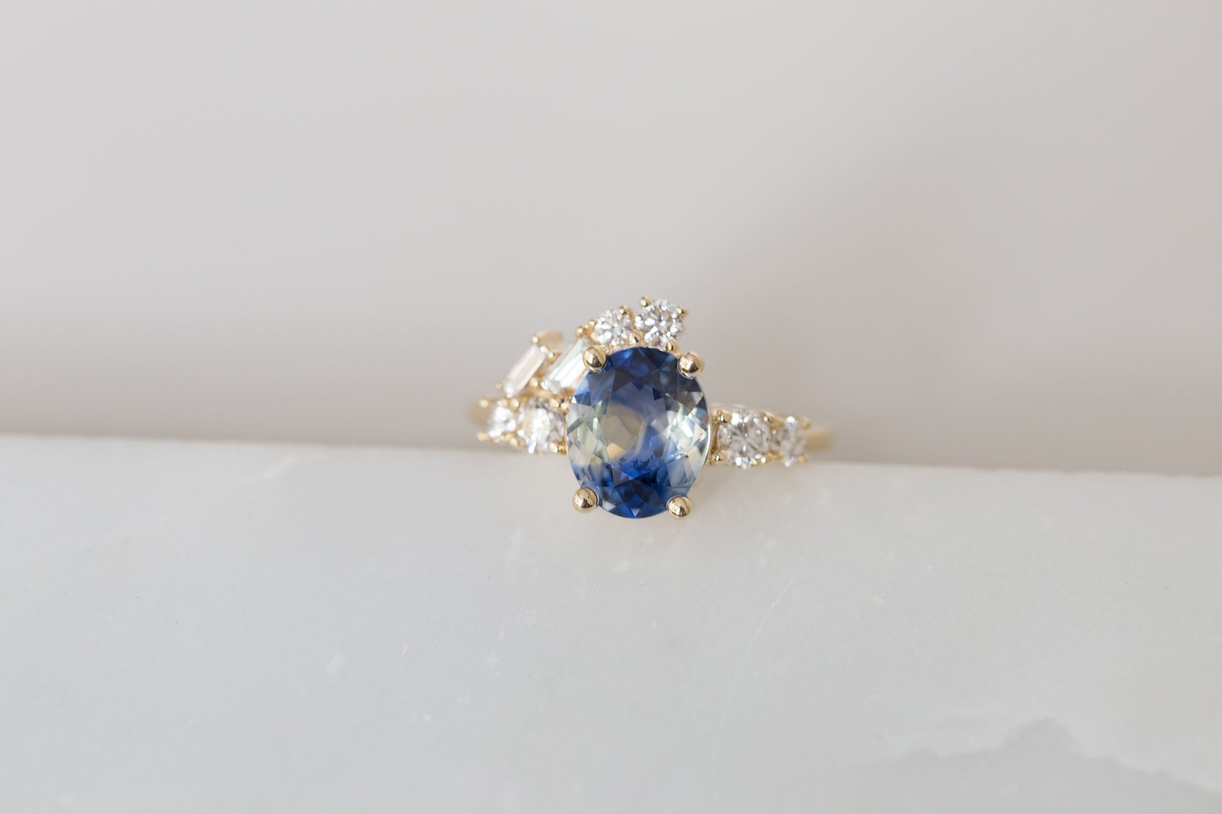 Forio Ring | Bicolor Blue White Sapphire + Diamond Baguette Arch Cluster Engagement Ring | 14k Recycled Gold | One of a Kind