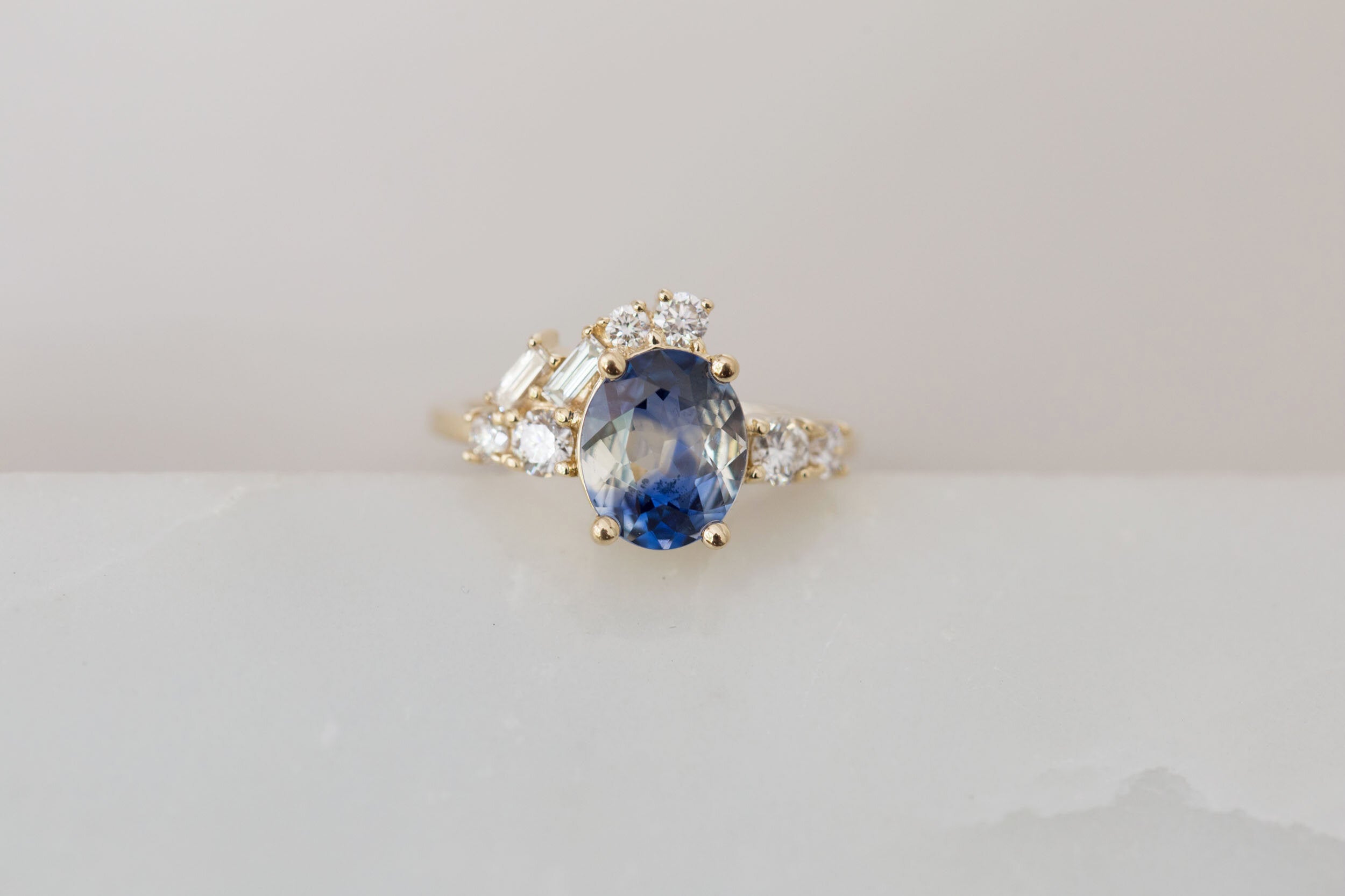 Forio Ring | Bicolor Blue White Sapphire + Diamond Baguette Arch Cluster Engagement Ring | 14k Recycled Gold | One of a Kind