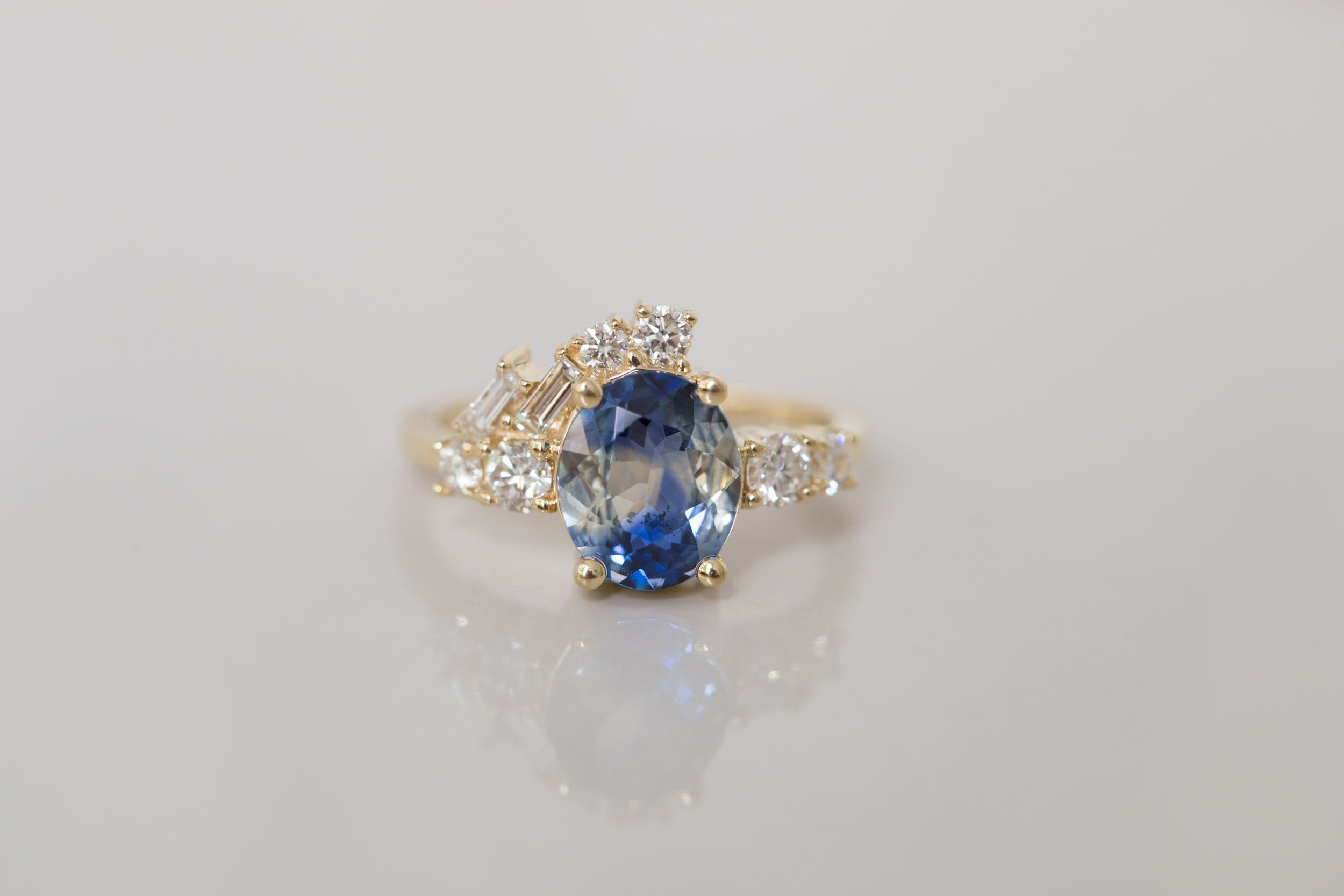 Forio Ring | Bicolor Blue White Sapphire + Diamond Baguette Arch Cluster Engagement Ring | 14k Recycled Gold | One of a Kind