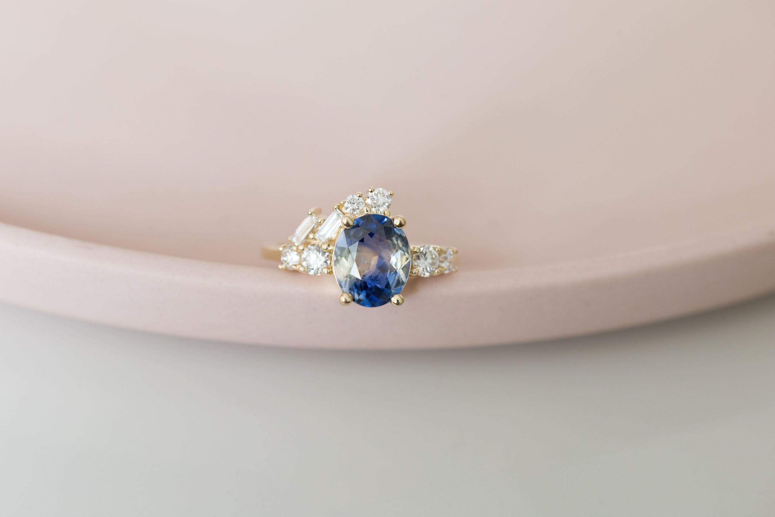 Forio Ring | Bicolor Blue White Sapphire + Diamond Baguette Arch Cluster Engagement Ring | 14k Recycled Gold | One of a Kind