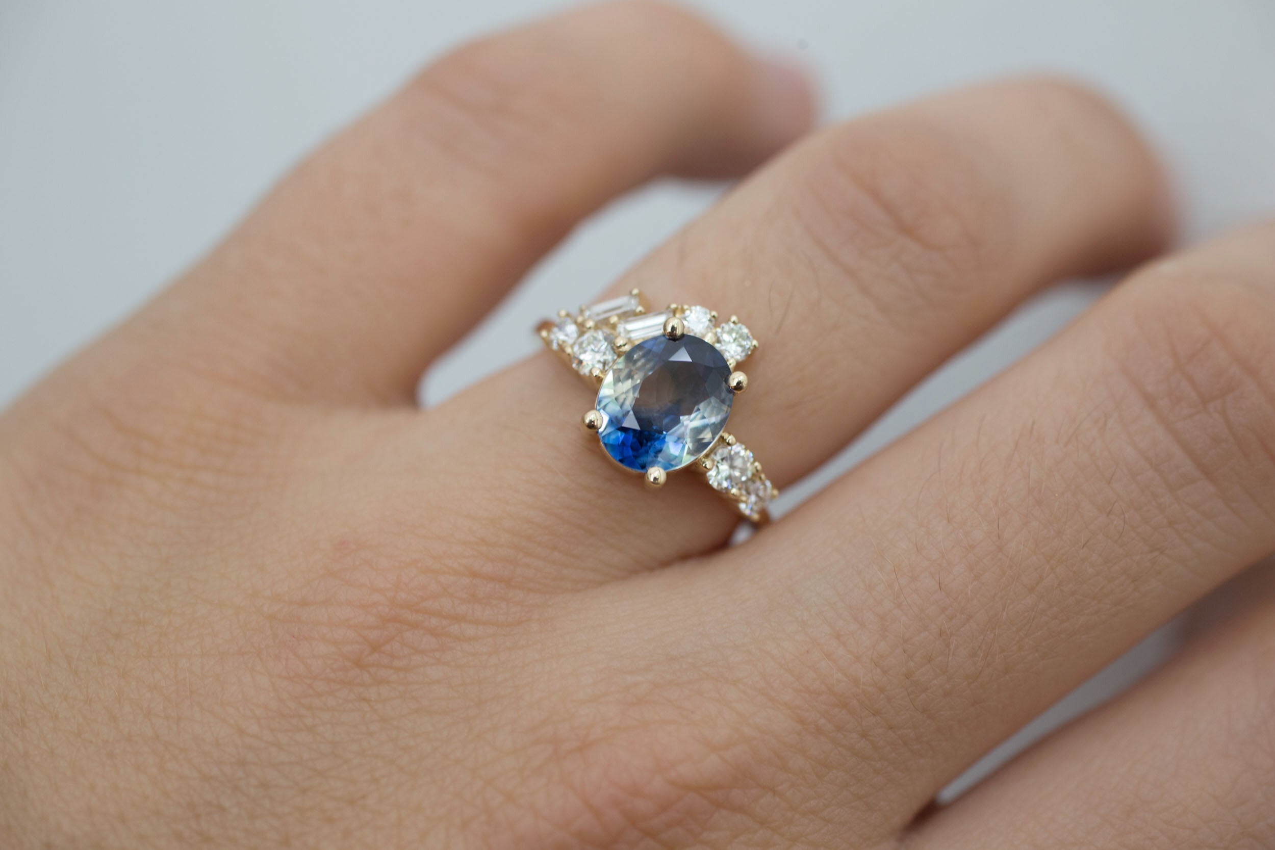 Forio Ring | Bicolor Blue White Sapphire + Diamond Baguette Arch Cluster Engagement Ring | 14k Recycled Gold | One of a Kind