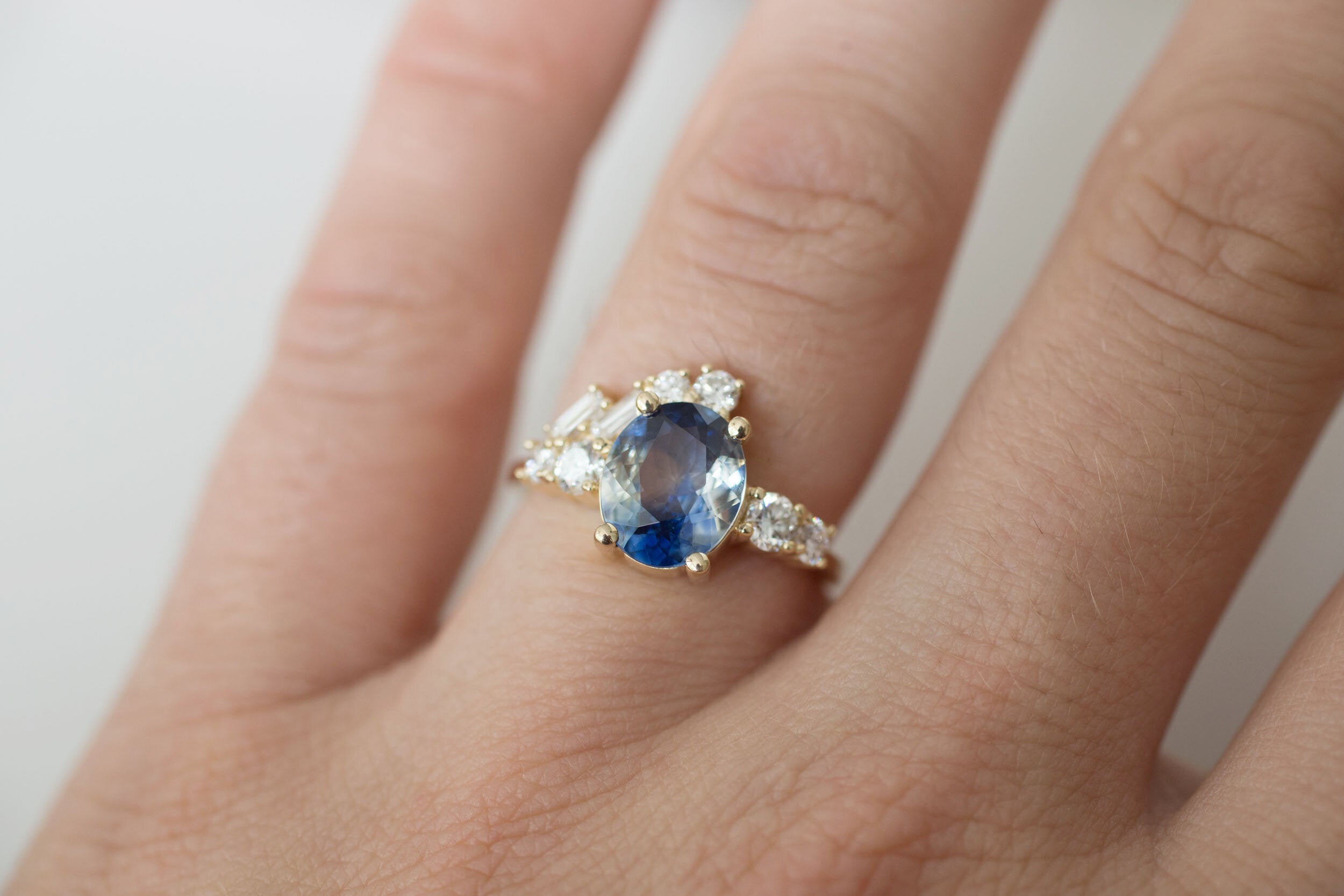 Forio Ring | Bicolor Blue White Sapphire + Diamond Baguette Arch Cluster Engagement Ring | 14k Recycled Gold | One of a Kind