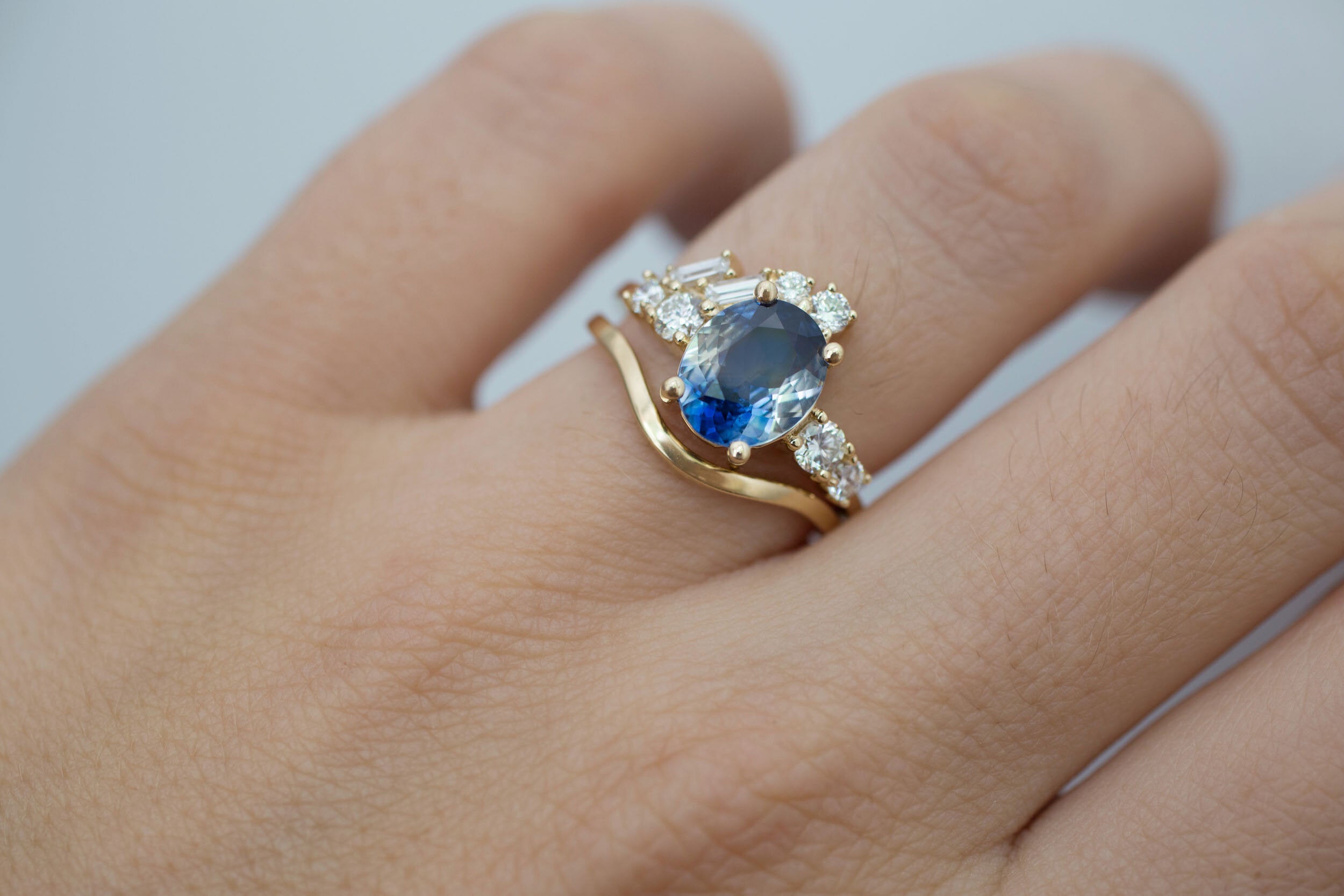 Forio Ring | Bicolor Blue White Sapphire + Diamond Baguette Arch Cluster Engagement Ring | 14k Recycled Gold | One of a Kind