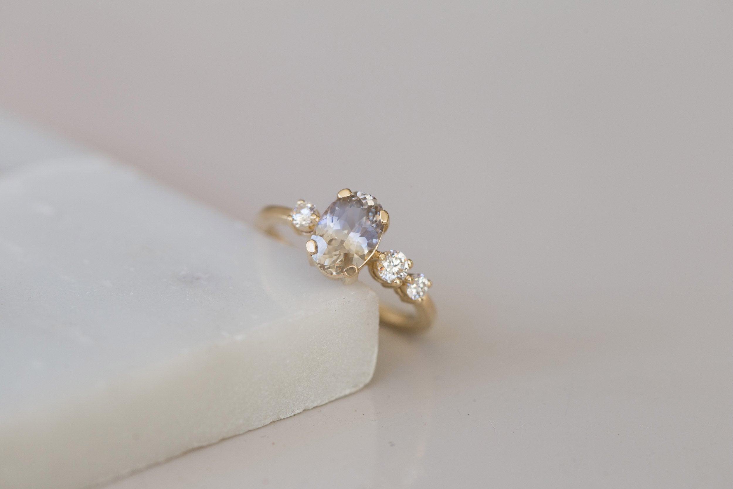 Cassia Ring | Bicolor Oval Sapphire + Diamond Asymmetrical Engagement Ring | 14k Recycled Gold | One of a Kind