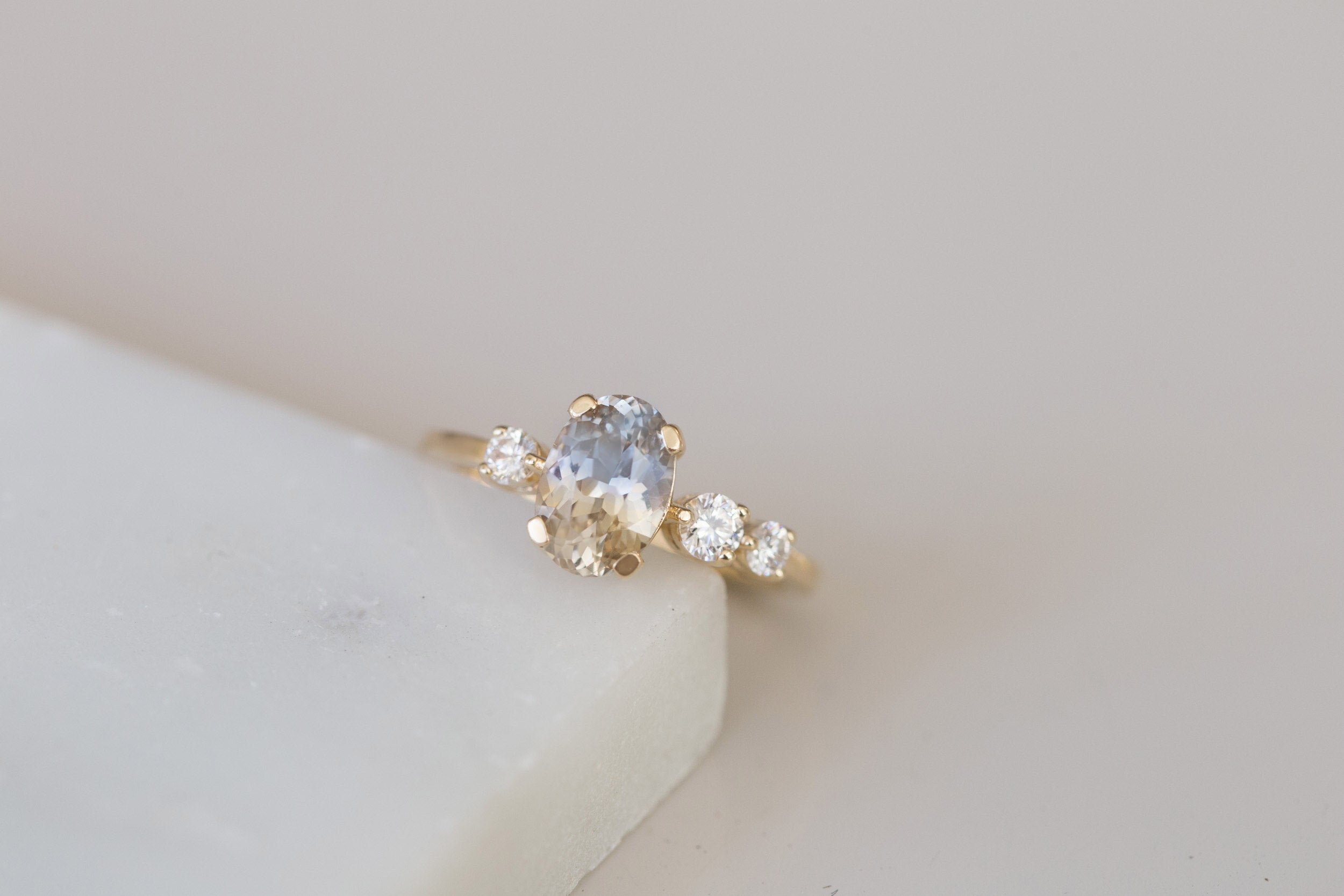 Cassia Ring | Bicolor Oval Sapphire + Diamond Asymmetrical Engagement Ring | 14k Recycled Gold | One of a Kind