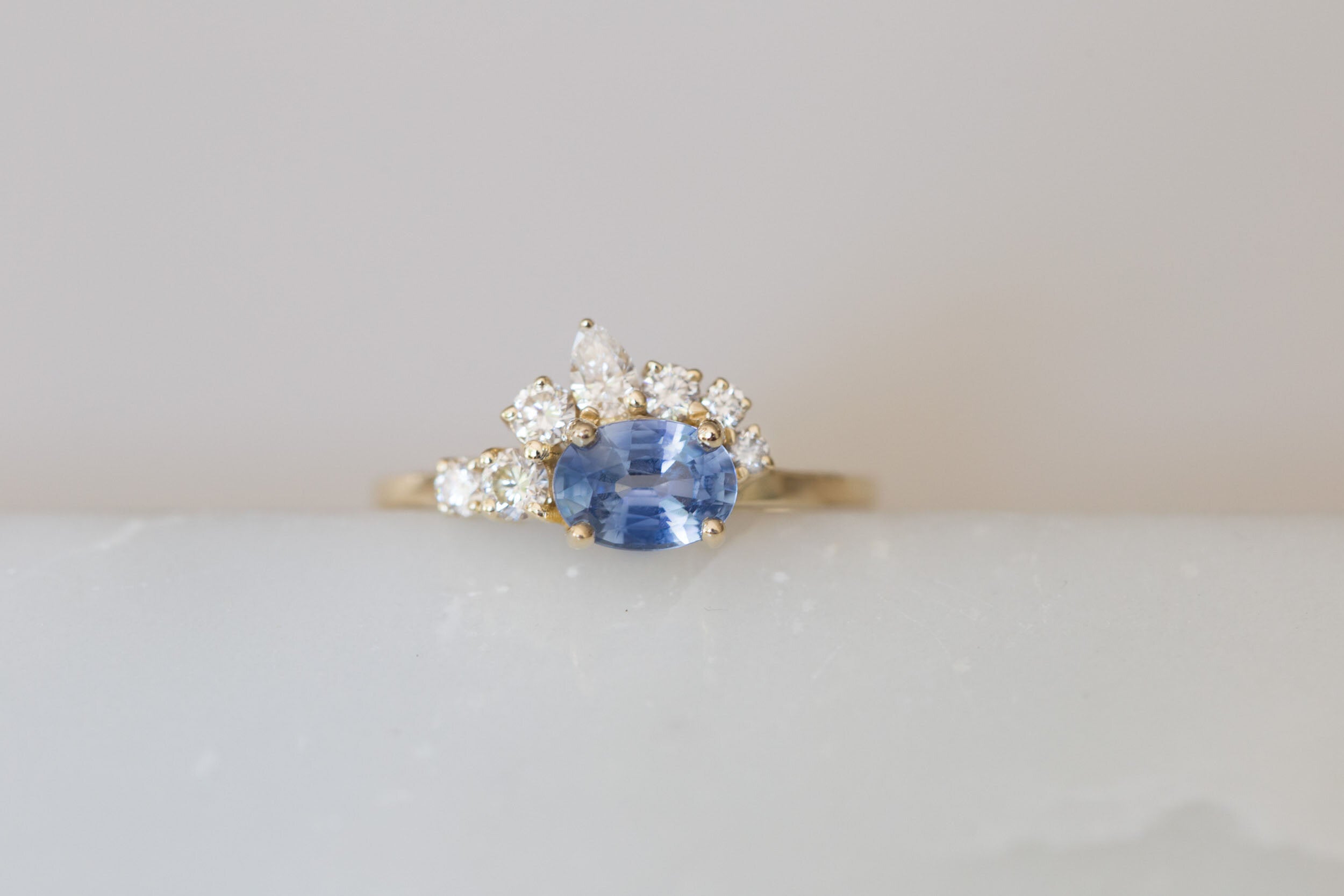 Hana Ring | Blue Oval Sapphire + Diamond Cluster Engagement Ring | 14k Recycled Gold | One of a Kind