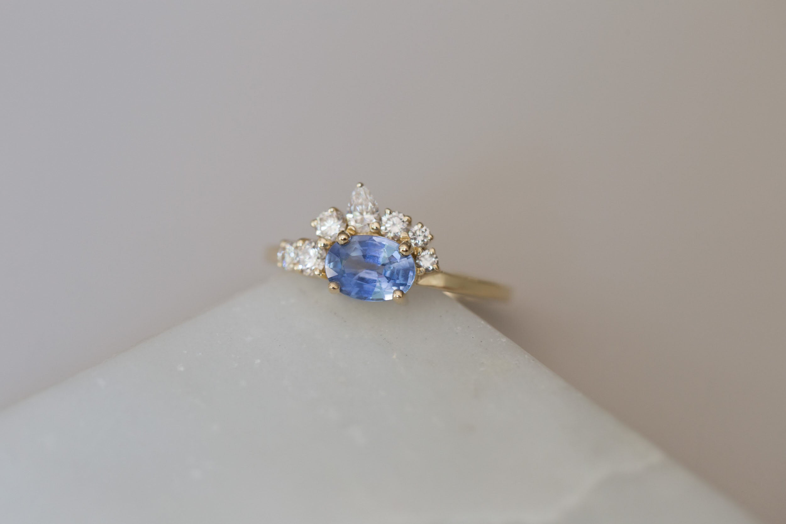 Hana Ring | Blue Oval Sapphire + Diamond Cluster Engagement Ring | 14k Recycled Gold | One of a Kind