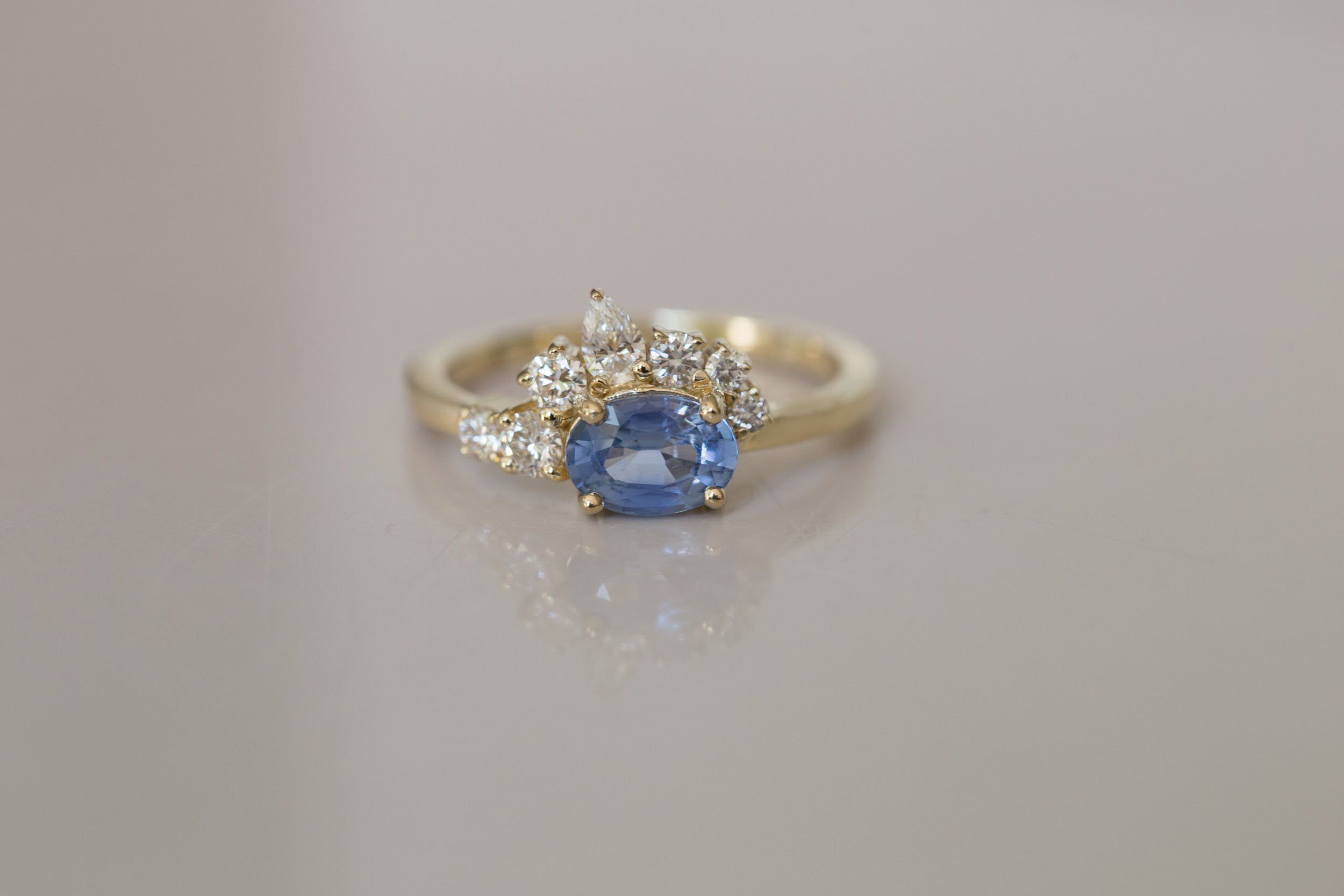 Hana Ring | Blue Oval Sapphire + Diamond Cluster Engagement Ring | 14k Recycled Gold | One of a Kind