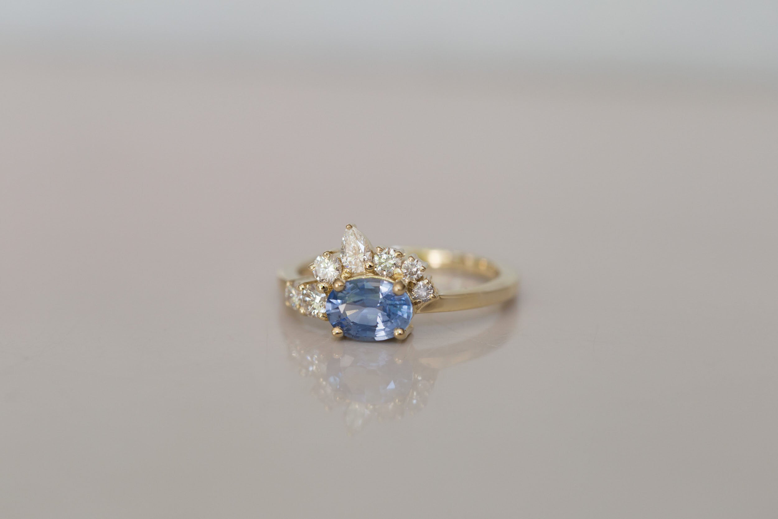 Hana Ring | Blue Oval Sapphire + Diamond Cluster Engagement Ring | 14k Recycled Gold | One of a Kind