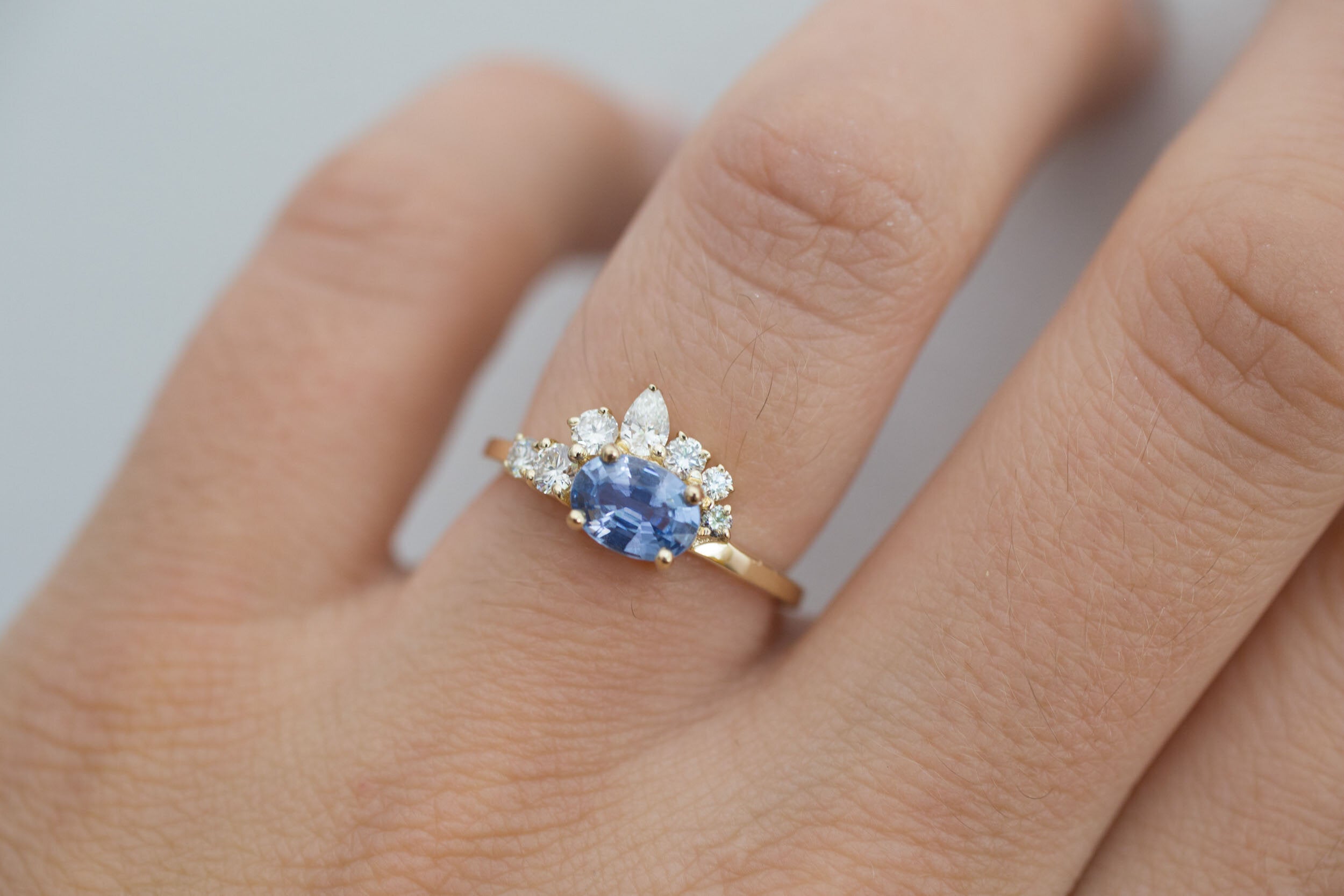 Hana Ring | Blue Oval Sapphire + Diamond Cluster Engagement Ring | 14k Recycled Gold | One of a Kind