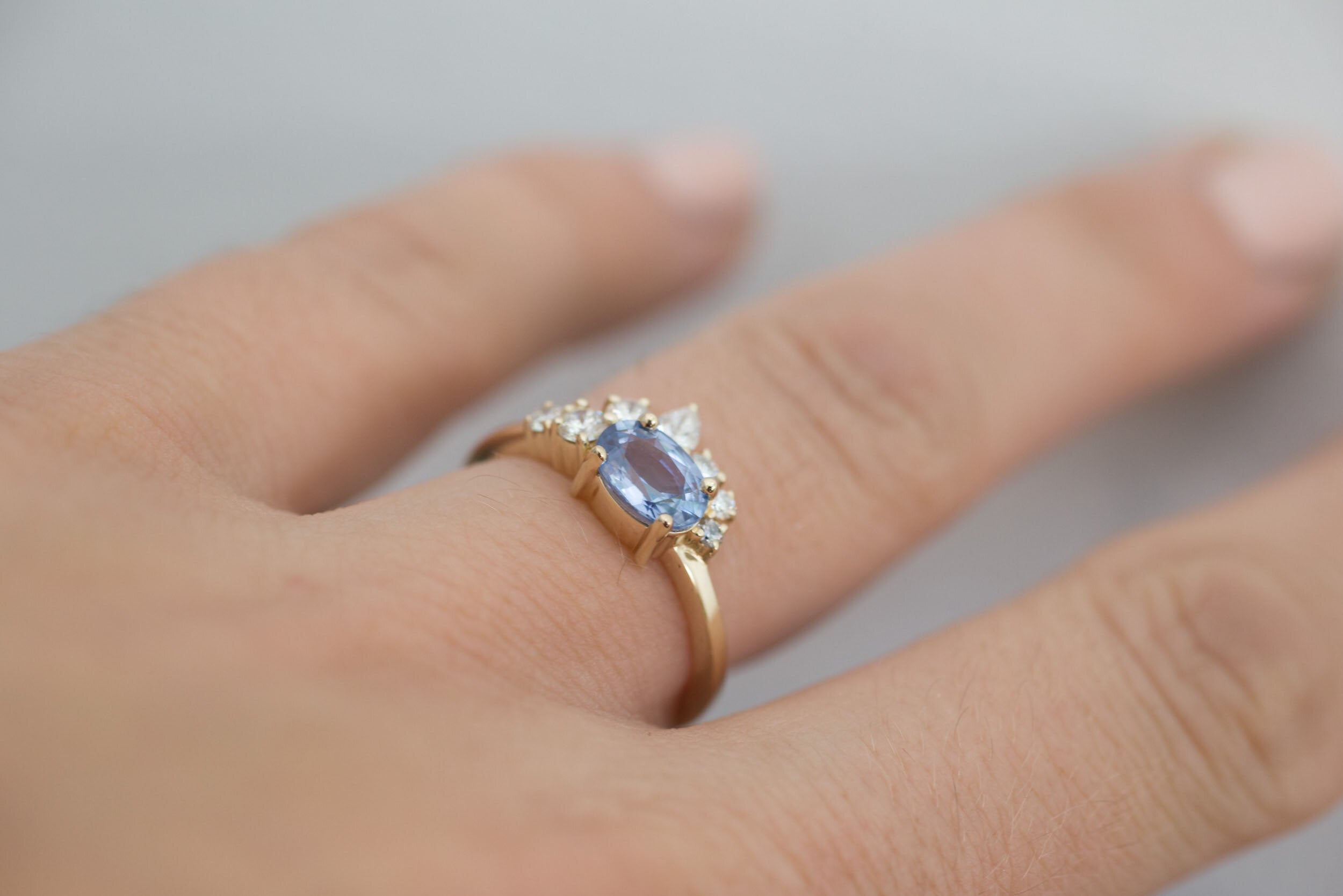 Hana Ring | Blue Oval Sapphire + Diamond Cluster Engagement Ring | 14k Recycled Gold | One of a Kind