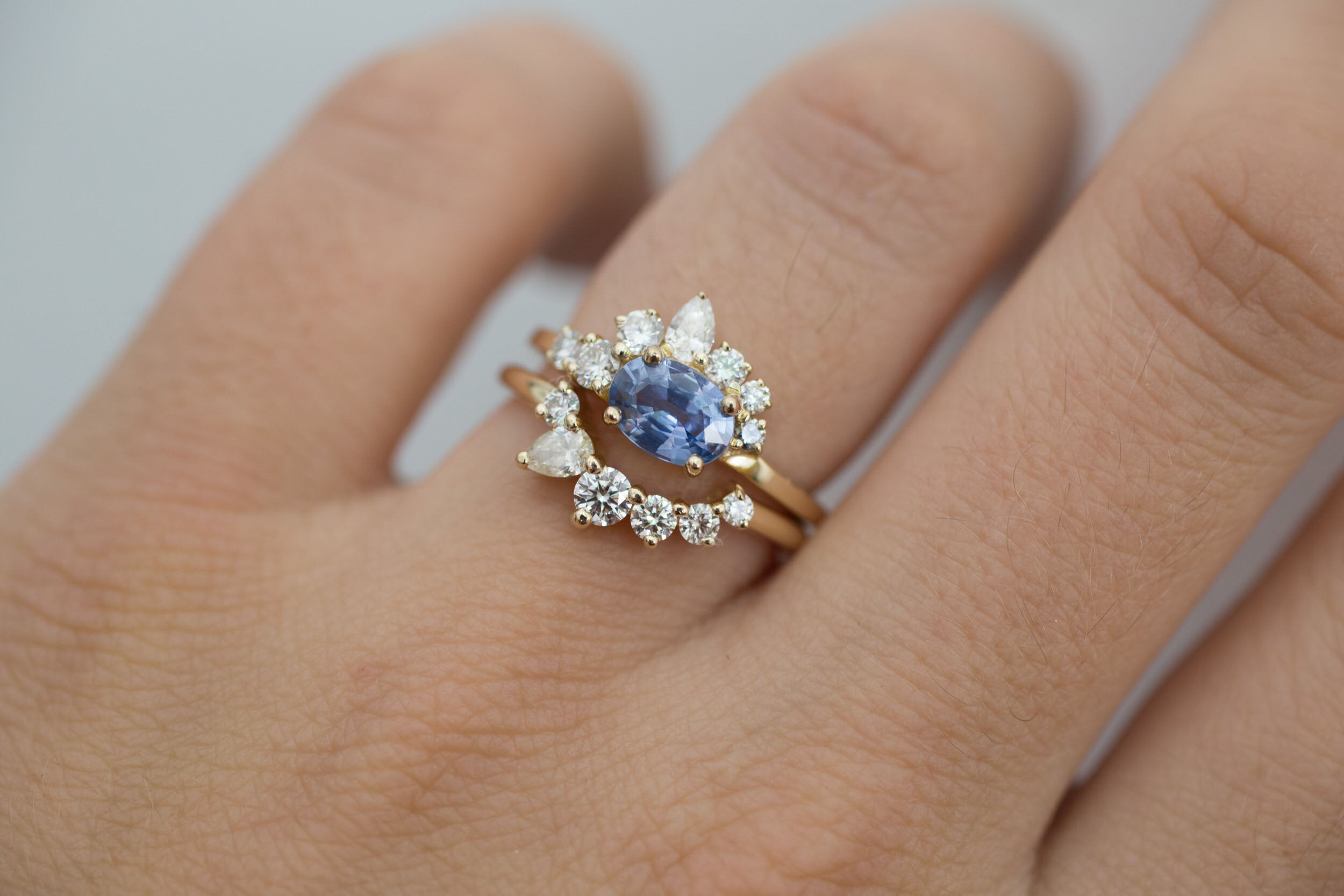 Hana Ring | Blue Oval Sapphire + Diamond Cluster Engagement Ring | 14k Recycled Gold | One of a Kind