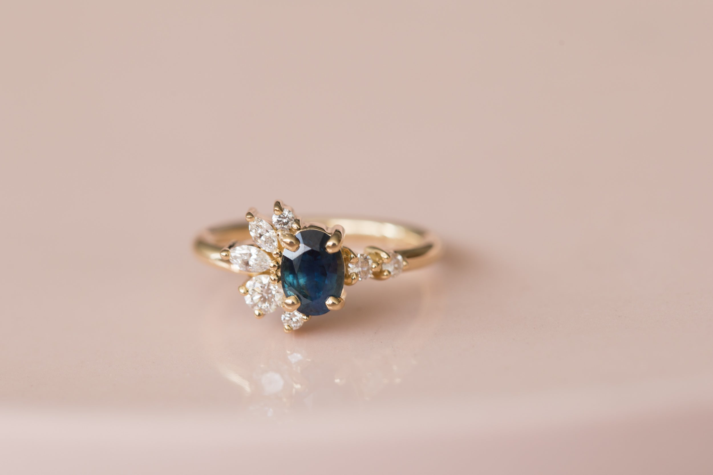 Ambretta Ring | Bi Color Oval Sapphire + Diamond Cluster Engagement Ring | 14k Recycled Gold | One of a Kind