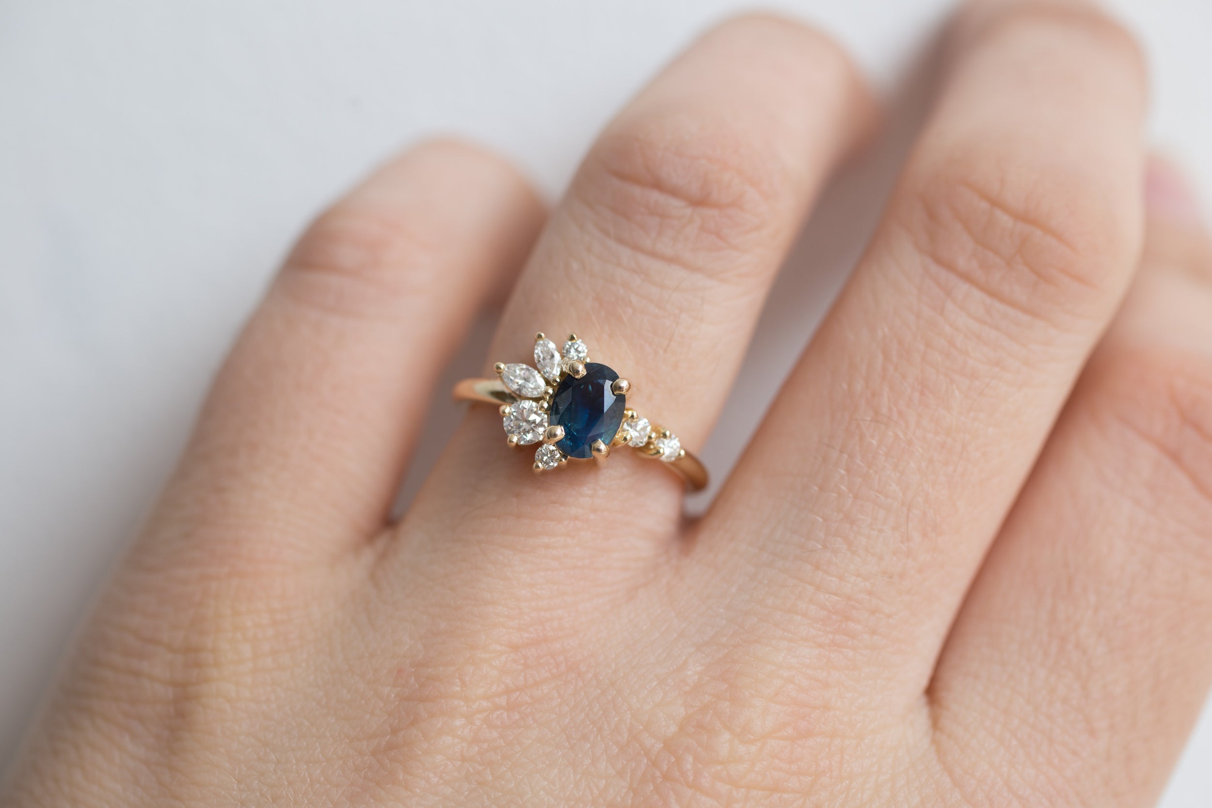 Ambretta Ring | Bi Color Oval Sapphire + Diamond Cluster Engagement Ring | 14k Recycled Gold | One of a Kind