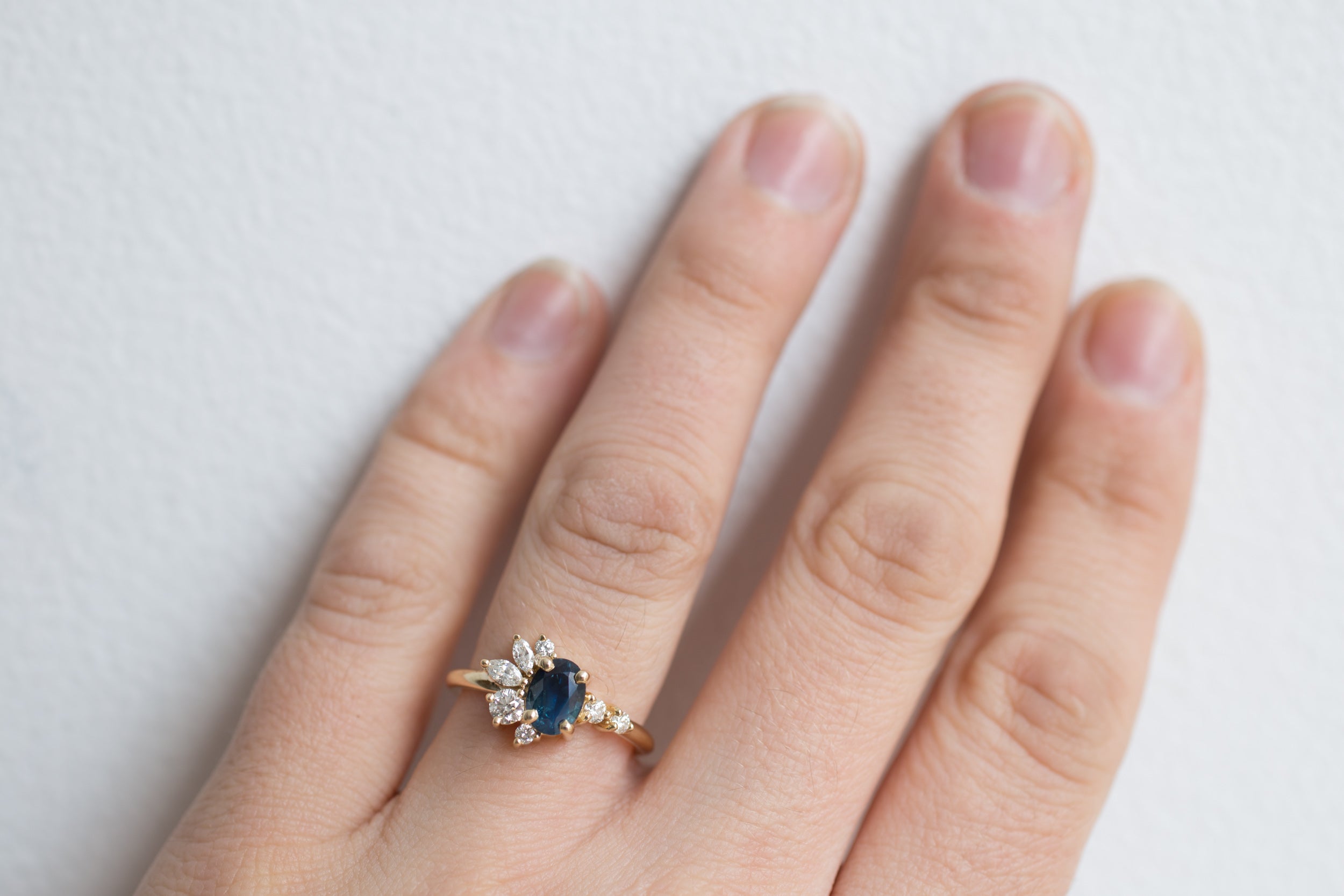 Ambretta Ring | Bi Color Oval Sapphire + Diamond Cluster Engagement Ring | 14k Recycled Gold | One of a Kind