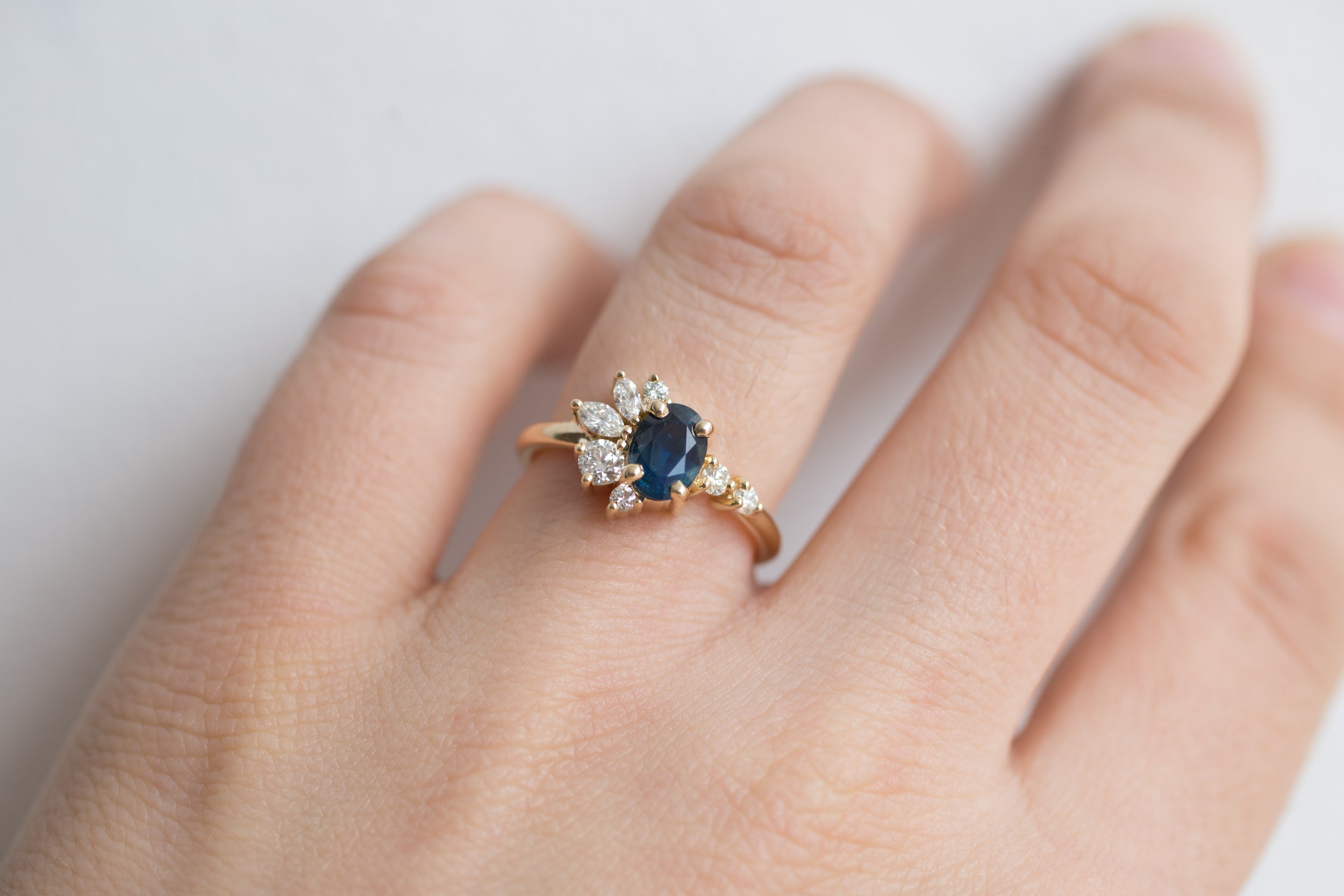 Ambretta Ring | Bi Color Oval Sapphire + Diamond Cluster Engagement Ring | 14k Recycled Gold | One of a Kind