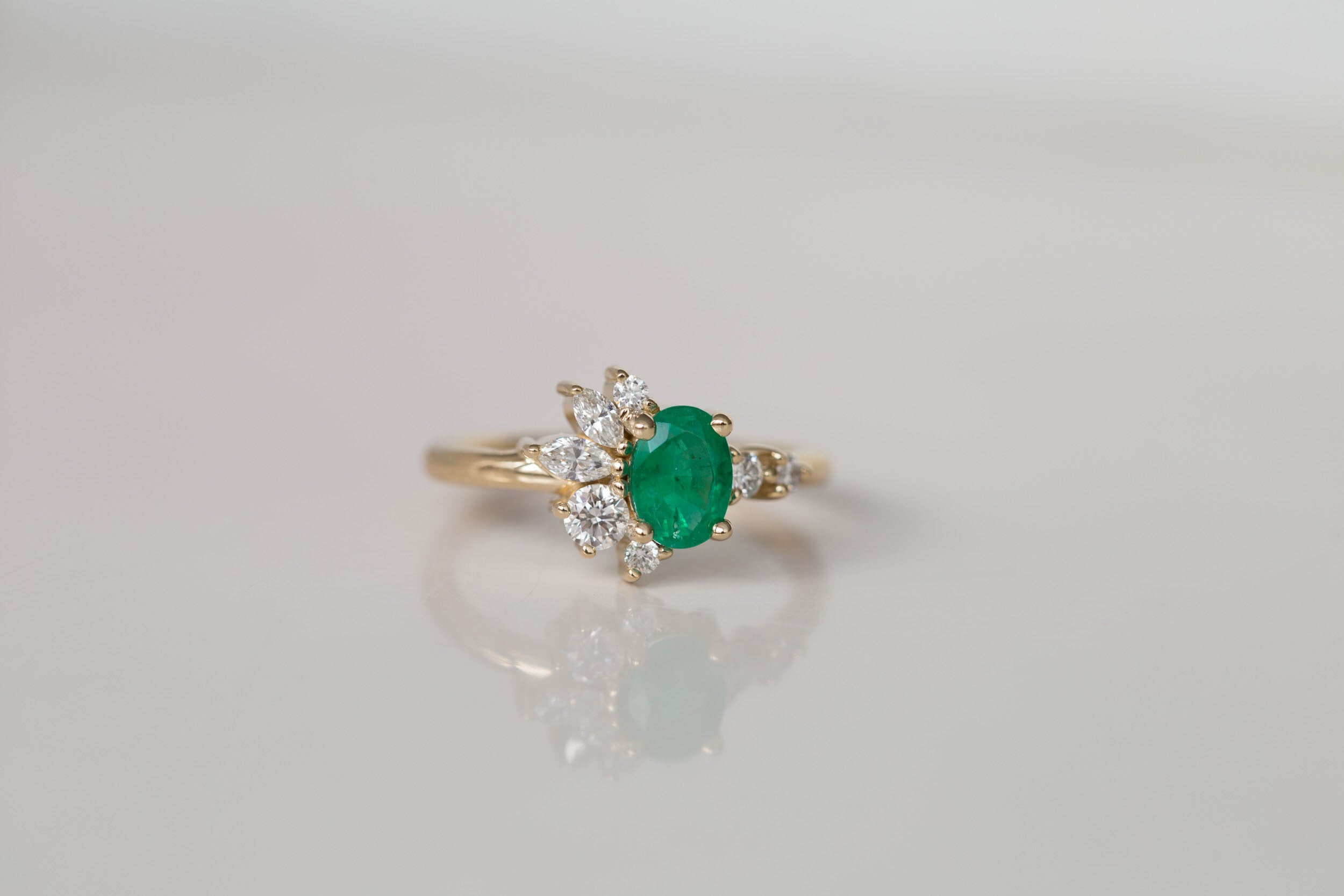Ambretta Ring | Oval Emerald + Diamond Cluster Engagement Ring | 14k Recycled Gold