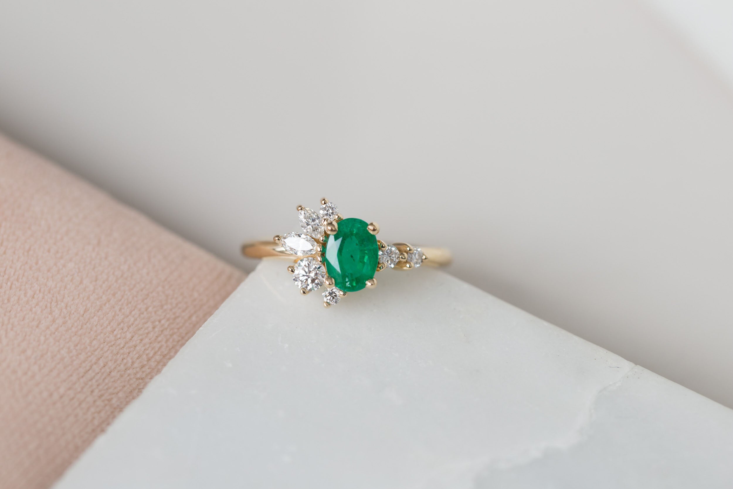 Ambretta Ring | Oval Emerald + Diamond Cluster Engagement Ring | 14k Recycled Gold