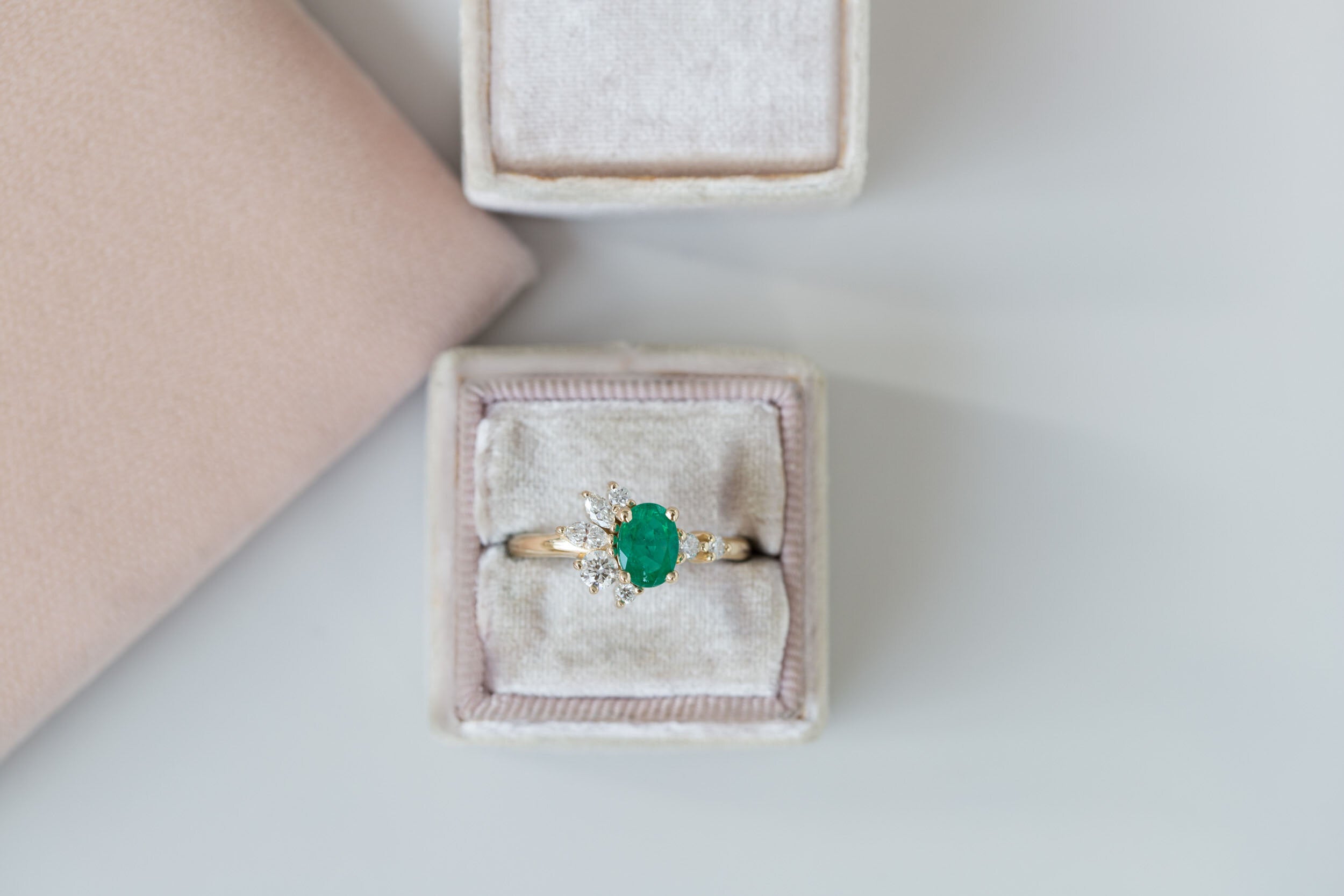 Ambretta Ring | Oval Emerald + Diamond Cluster Engagement Ring | 14k Recycled Gold