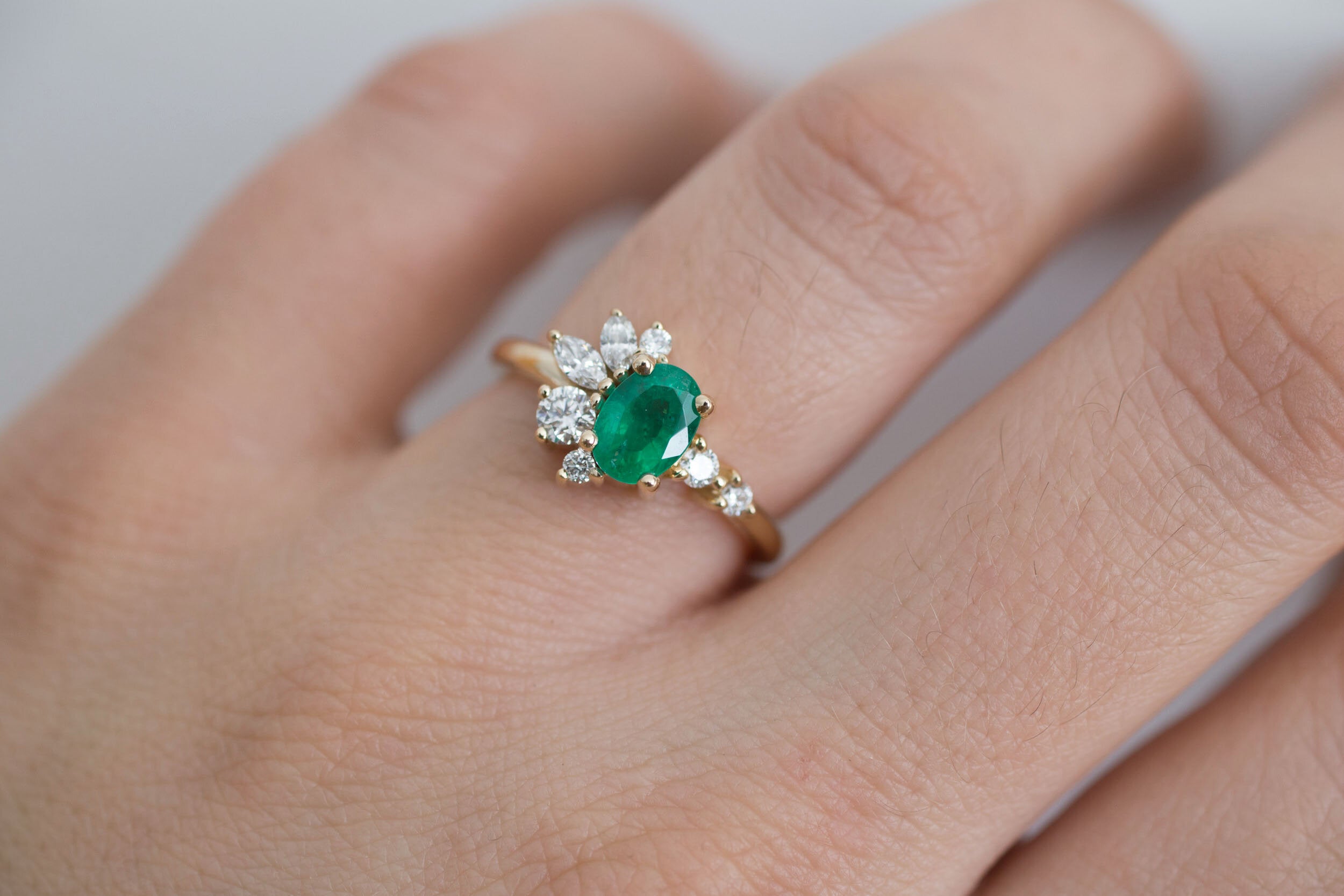 Ambretta Ring | Oval Emerald + Diamond Cluster Engagement Ring | 14k Recycled Gold