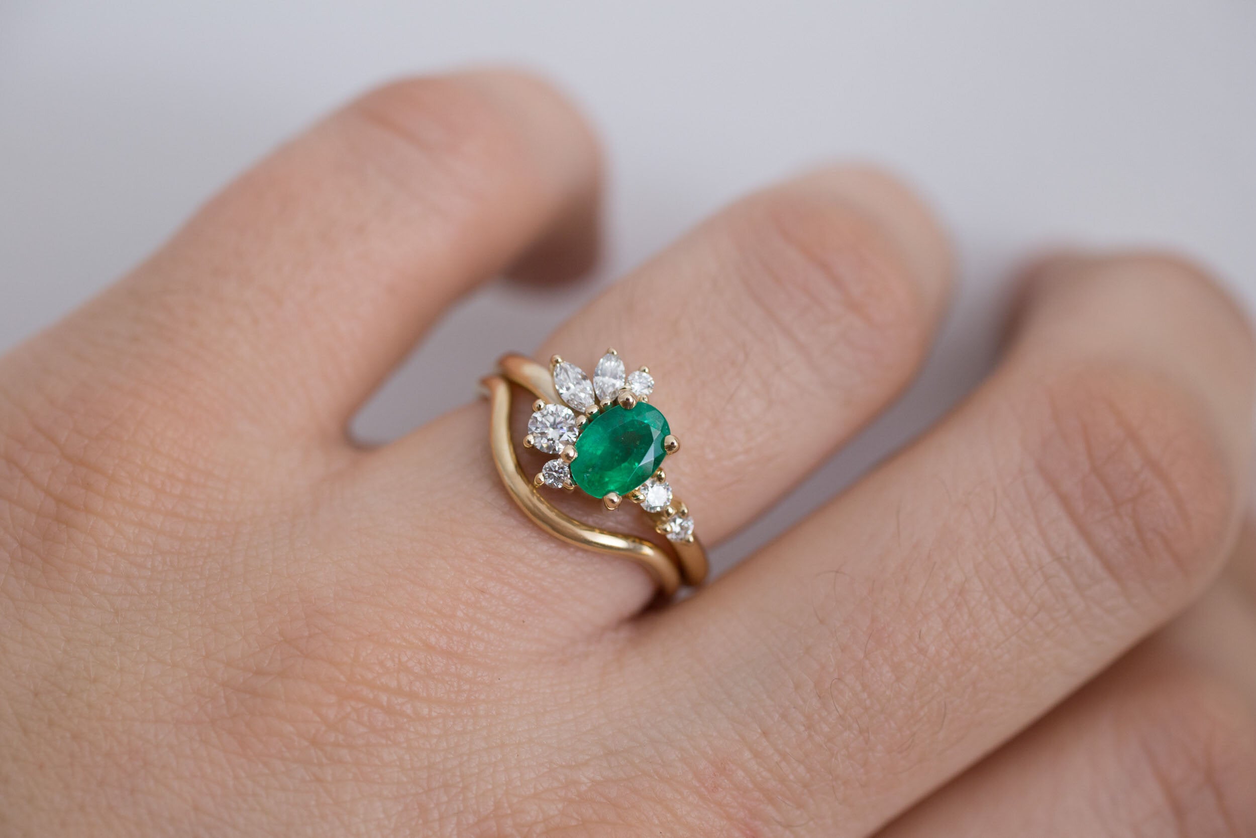 Ambretta Ring | Oval Emerald + Diamond Cluster Engagement Ring | 14k Recycled Gold