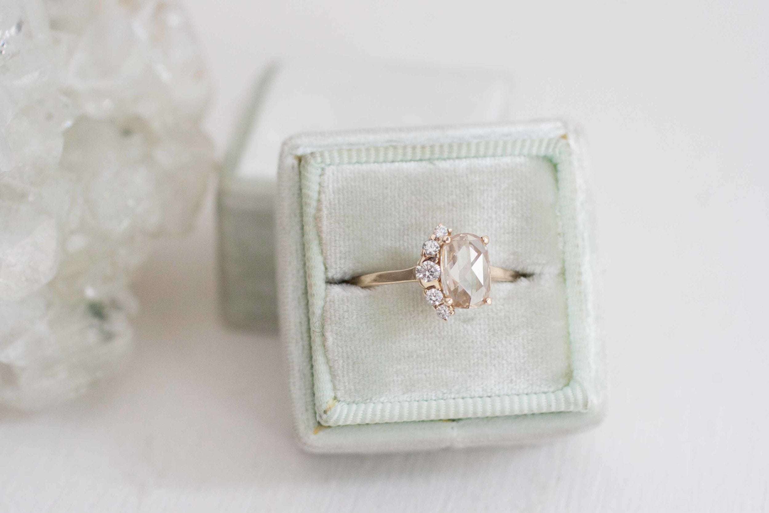 Champagne Oval Rose Cut Diamond + Diamond Cluster Engagement Ring | 14k Recycled Gold | One of a Kind