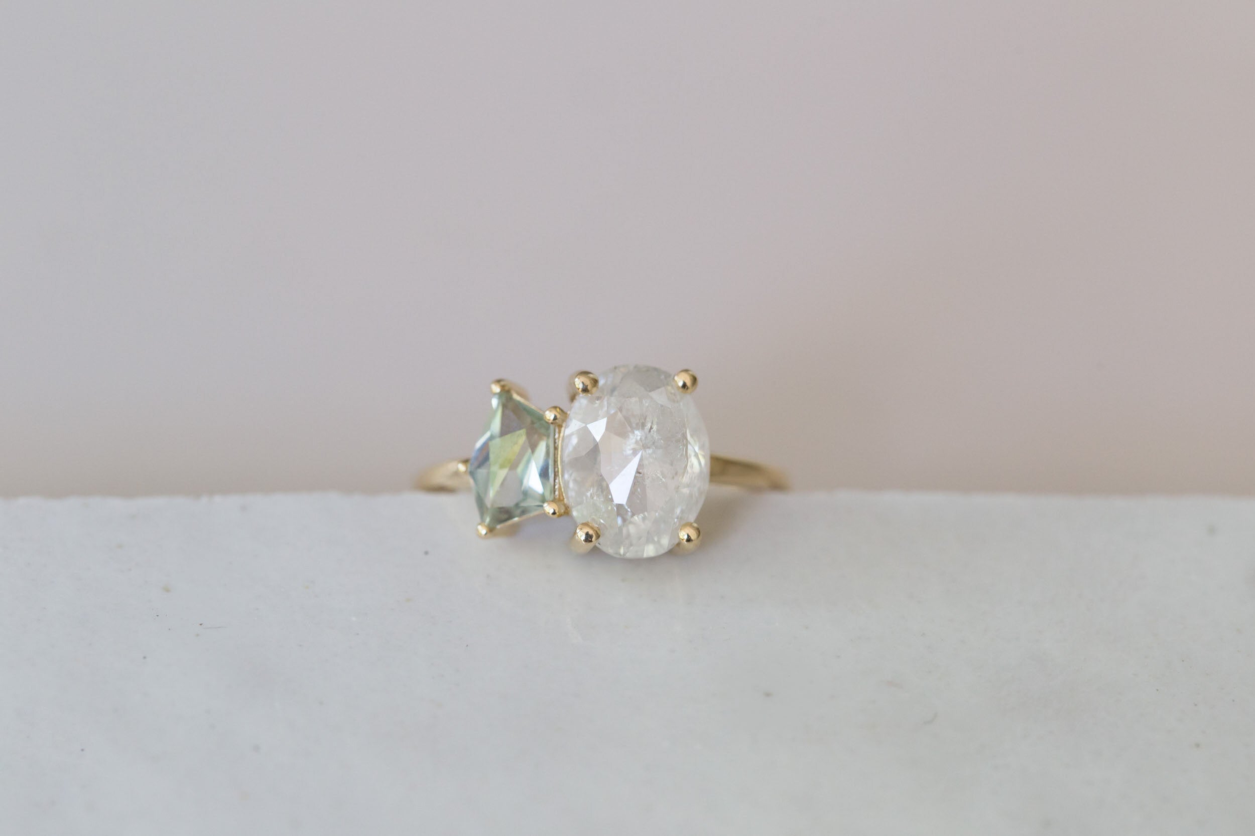 Liana Ring | Rustic Oval Diamond + Geocut Montana Sapphire Engagement Ring | 14k Recycled Gold | One of a Kind