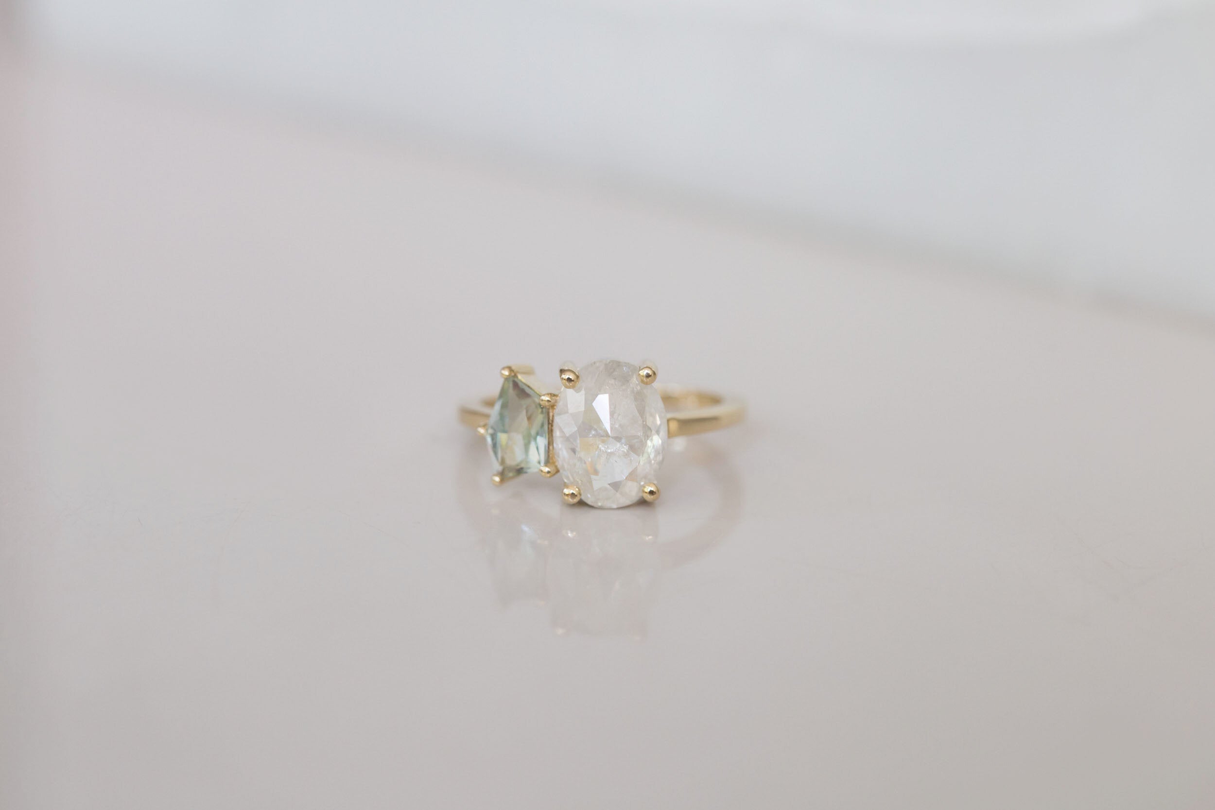 Liana Ring | Rustic Oval Diamond + Geocut Montana Sapphire Engagement Ring | 14k Recycled Gold | One of a Kind