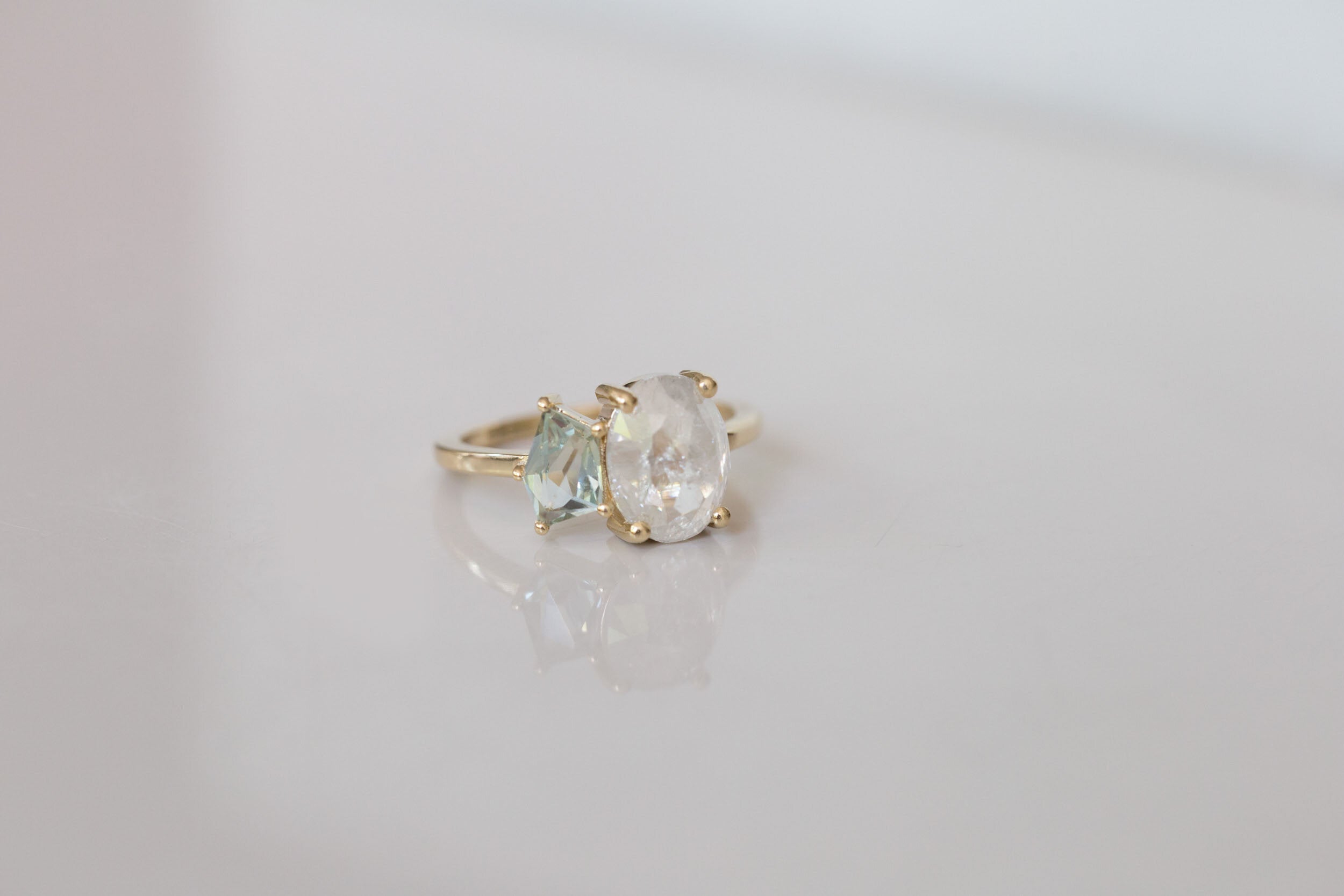 Liana Ring | Rustic Oval Diamond + Geocut Montana Sapphire Engagement Ring | 14k Recycled Gold | One of a Kind