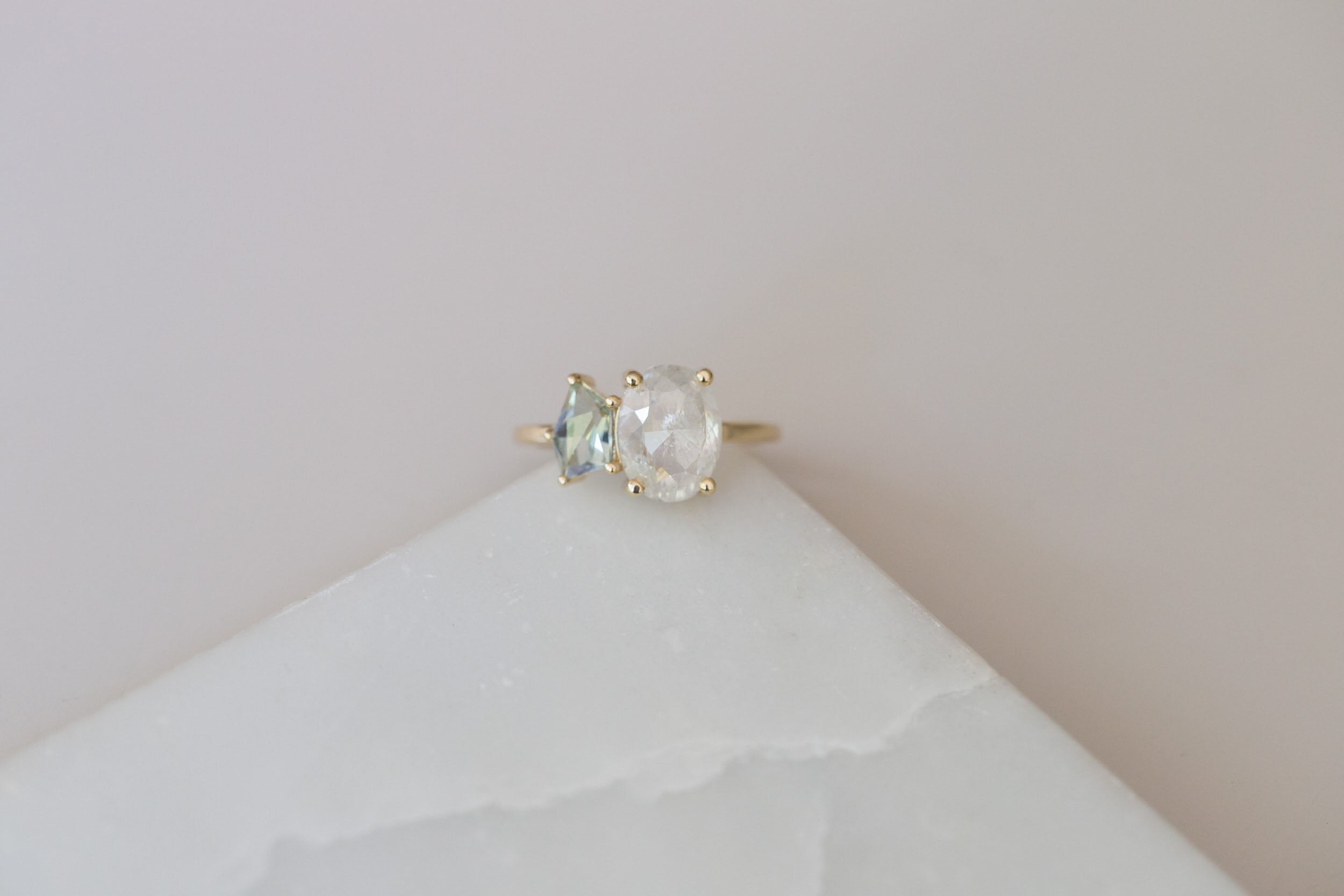 Liana Ring | Rustic Oval Diamond + Geocut Montana Sapphire Engagement Ring | 14k Recycled Gold | One of a Kind