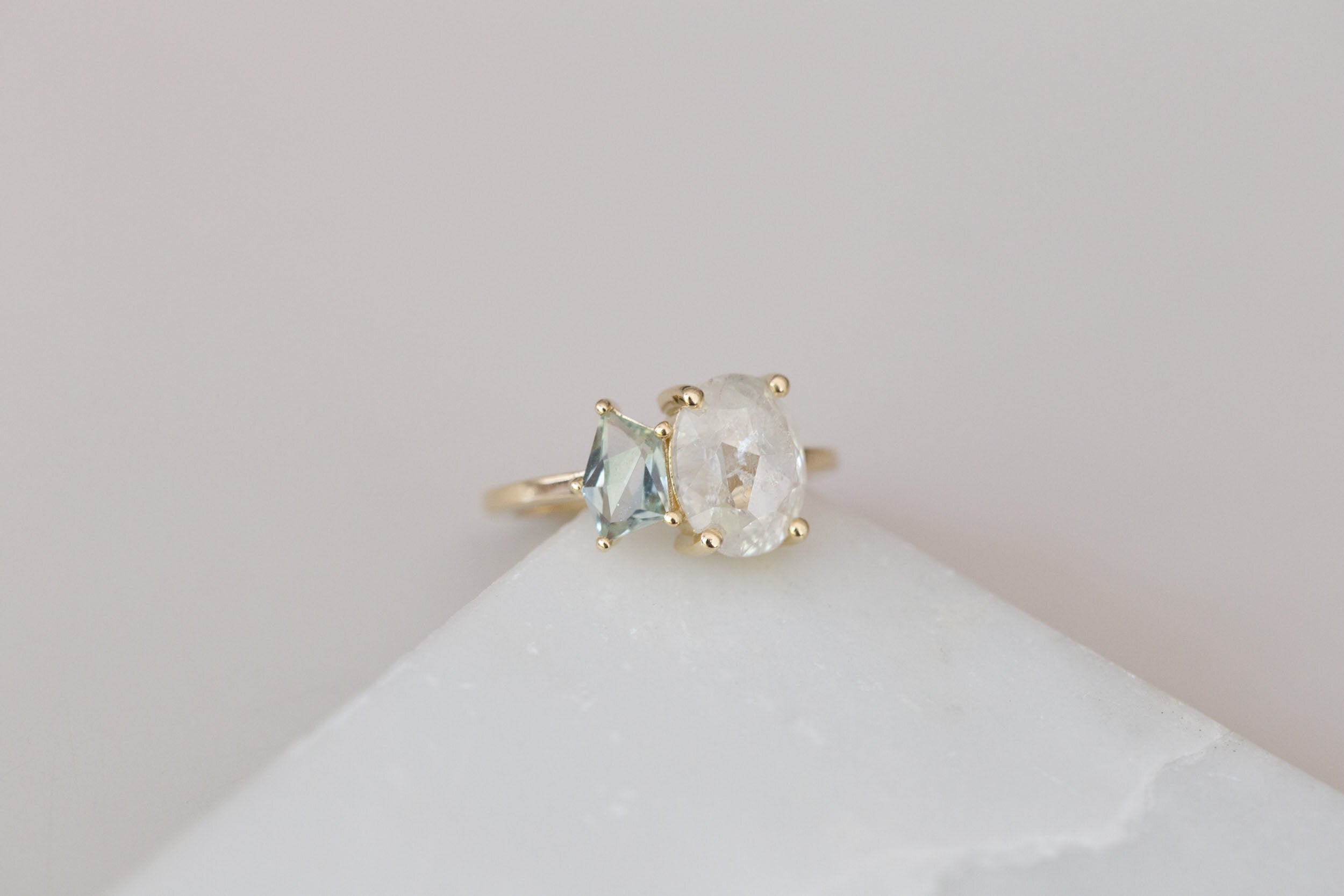 Liana Ring | Rustic Oval Diamond + Geocut Montana Sapphire Engagement Ring | 14k Recycled Gold | One of a Kind