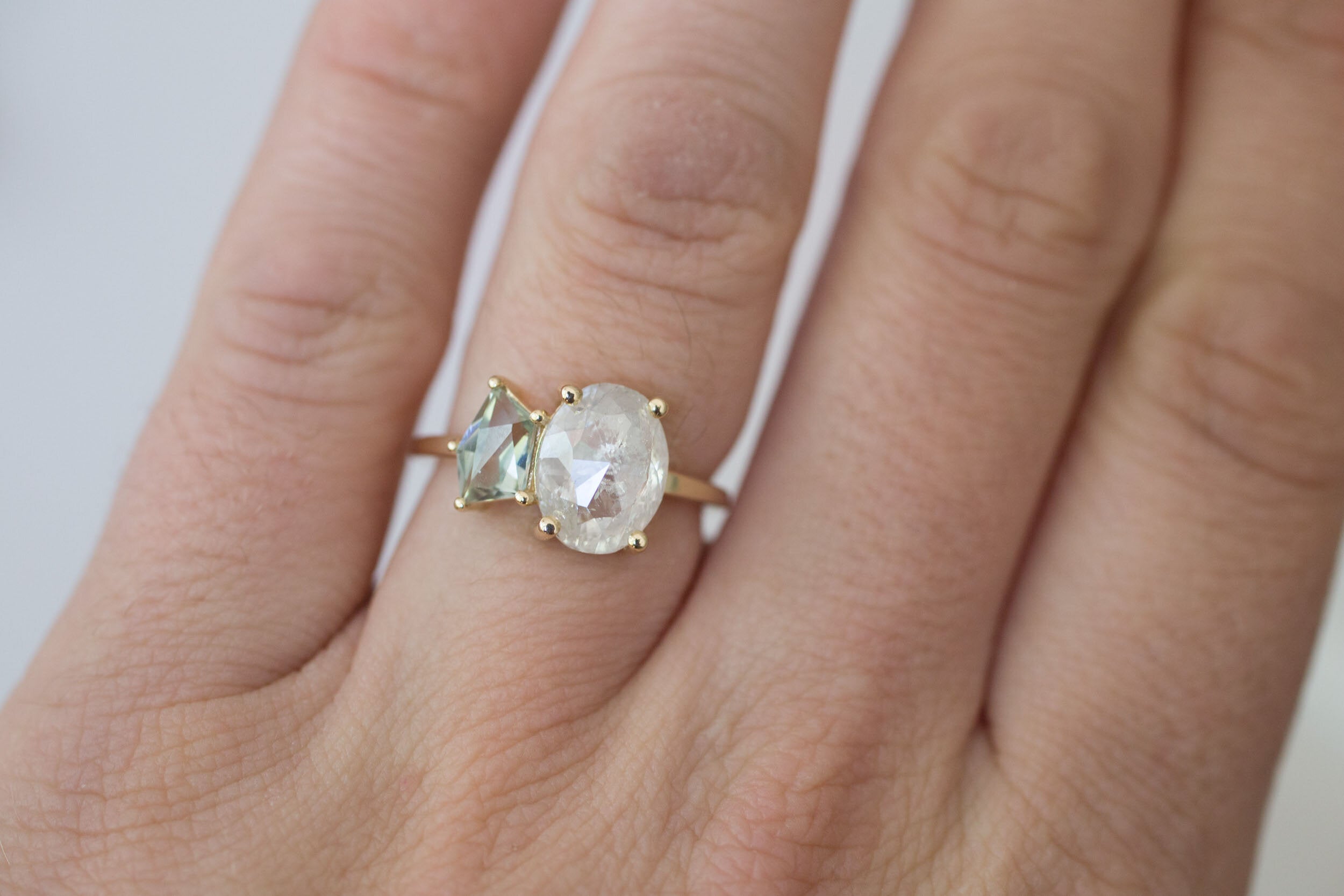 Liana Ring | Rustic Oval Diamond + Geocut Montana Sapphire Engagement Ring | 14k Recycled Gold | One of a Kind