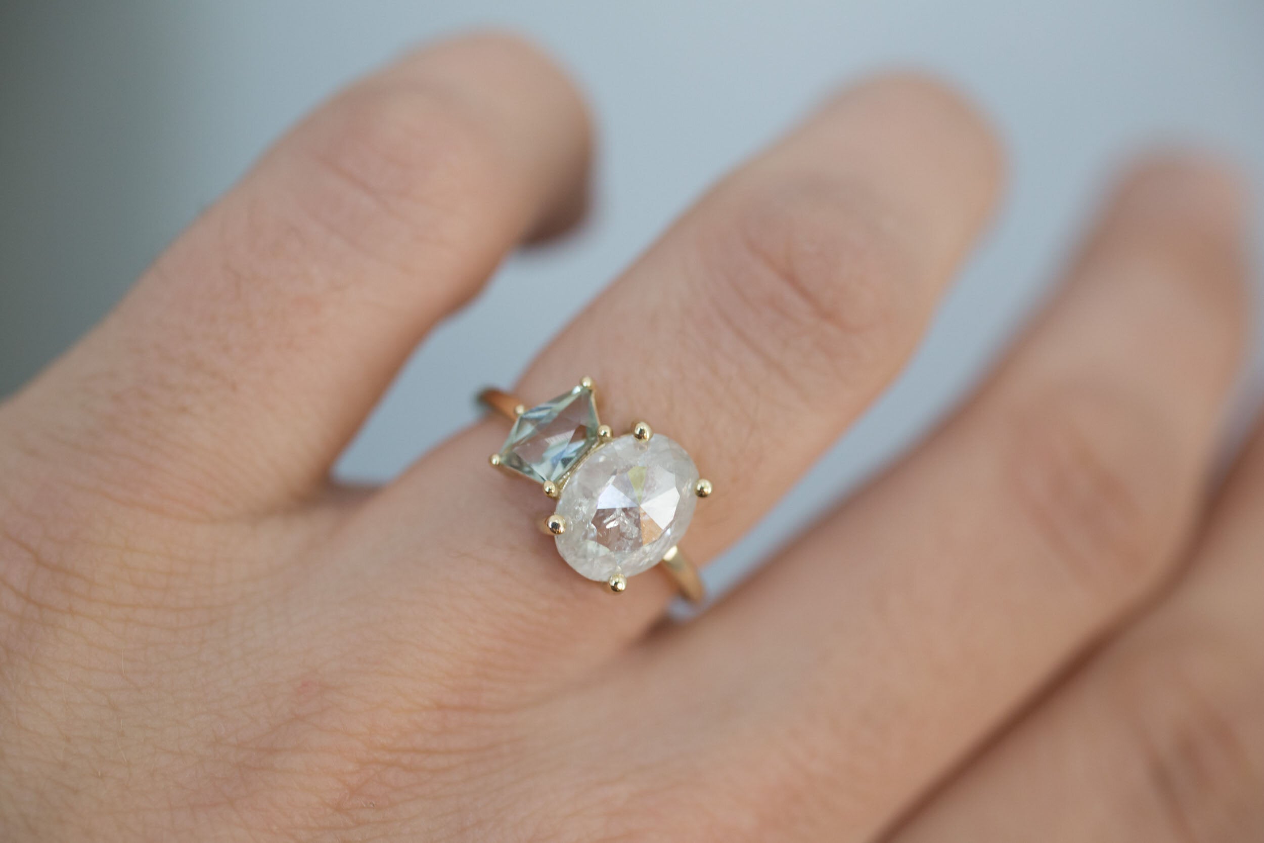 Liana Ring | Rustic Oval Diamond + Geocut Montana Sapphire Engagement Ring | 14k Recycled Gold | One of a Kind