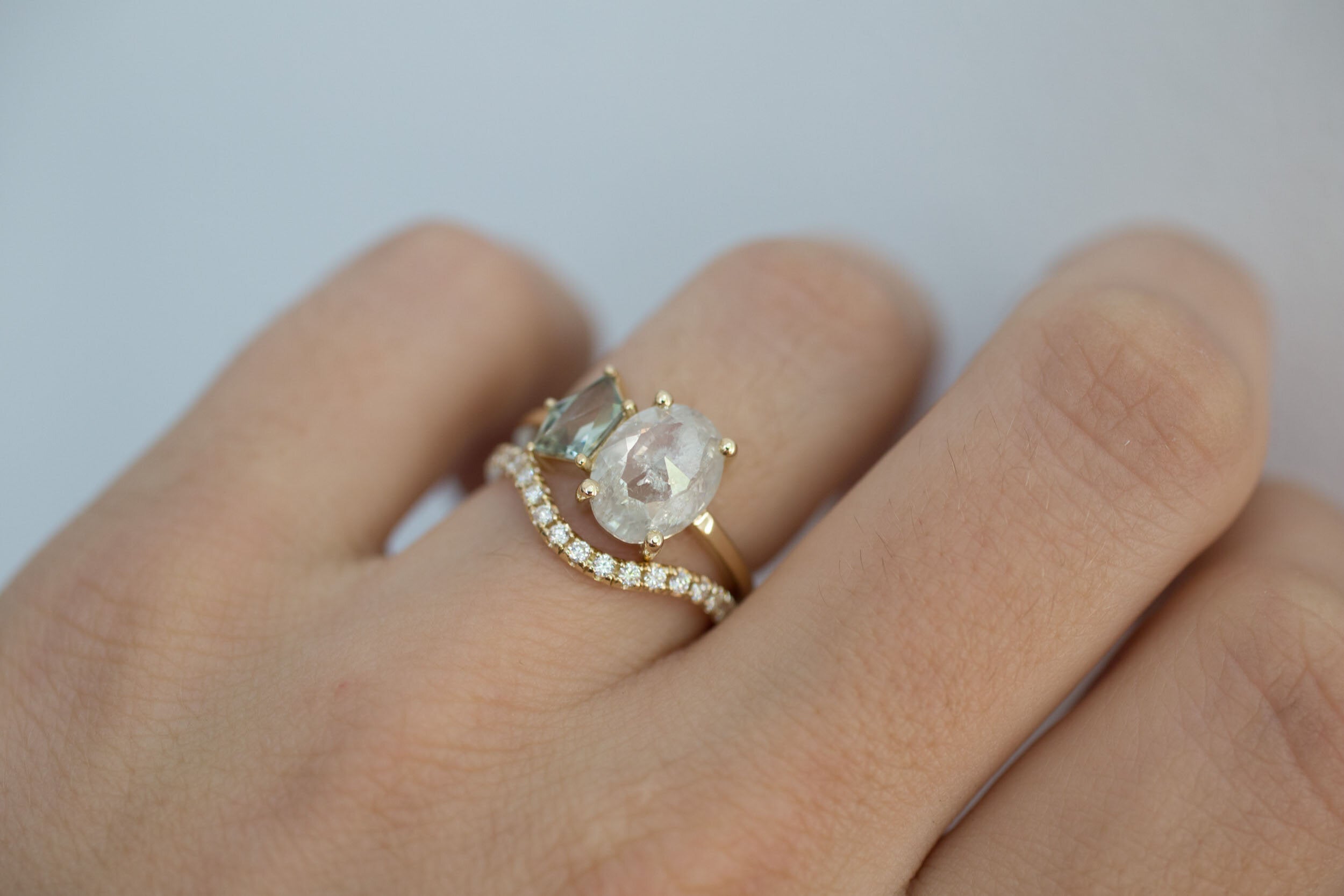 Liana Ring | Rustic Oval Diamond + Geocut Montana Sapphire Engagement Ring | 14k Recycled Gold | One of a Kind