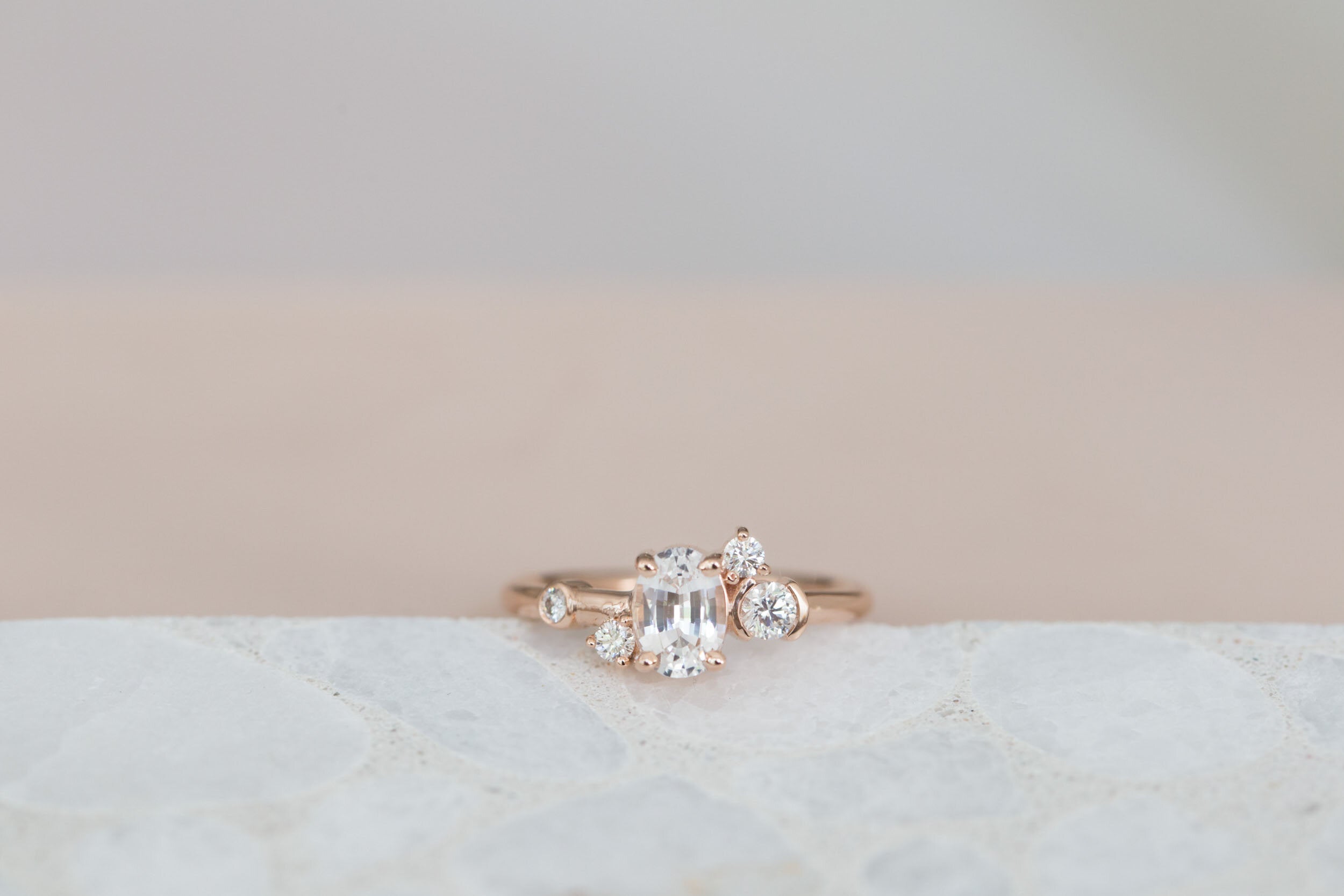 Mae Ring | Oval White Sapphire + Diamond Cluster Engagement Ring | 14k Recycled Rose Gold