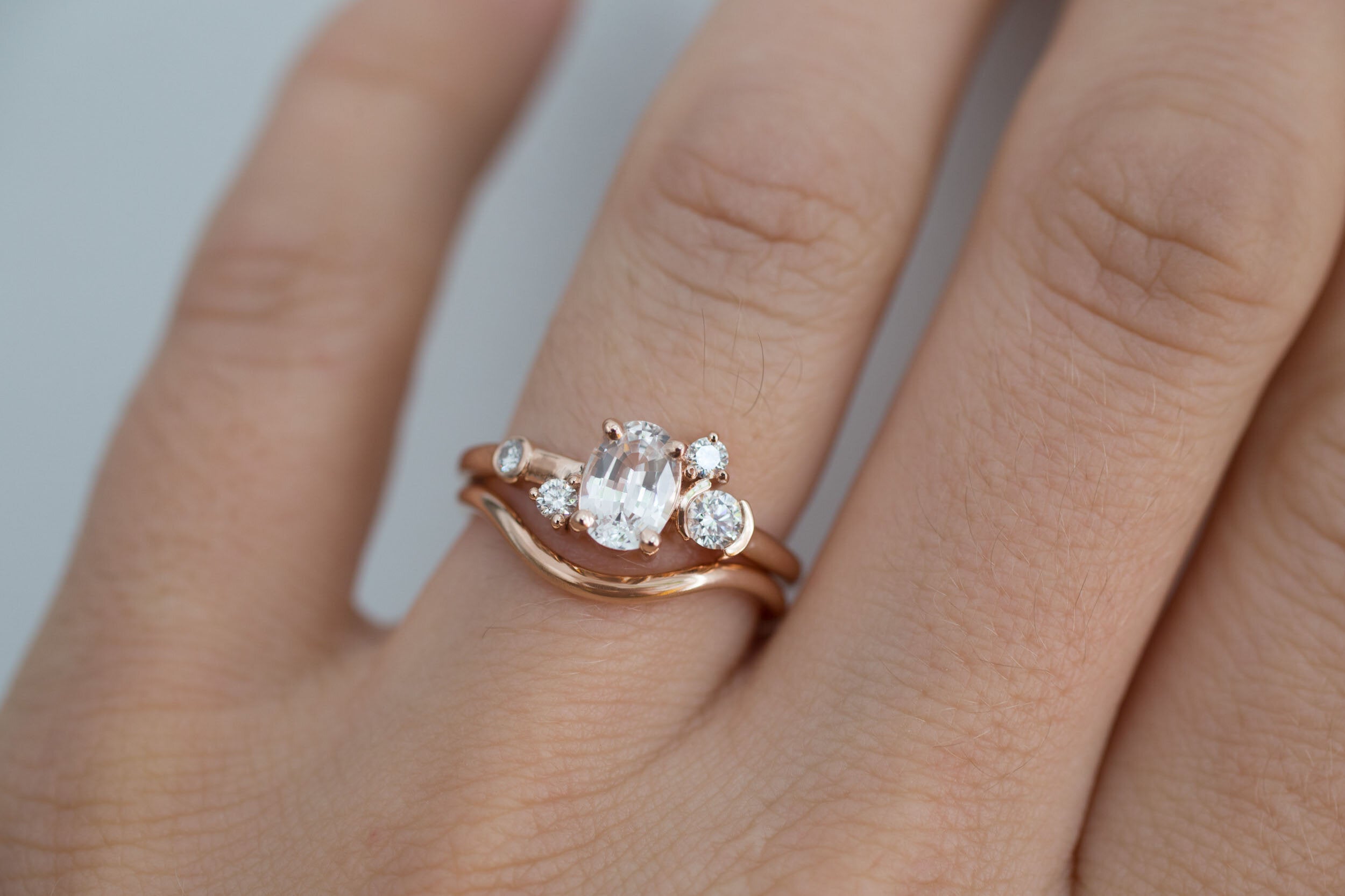 Mae Ring | Oval White Sapphire + Diamond Cluster Engagement Ring | 14k Recycled Rose Gold