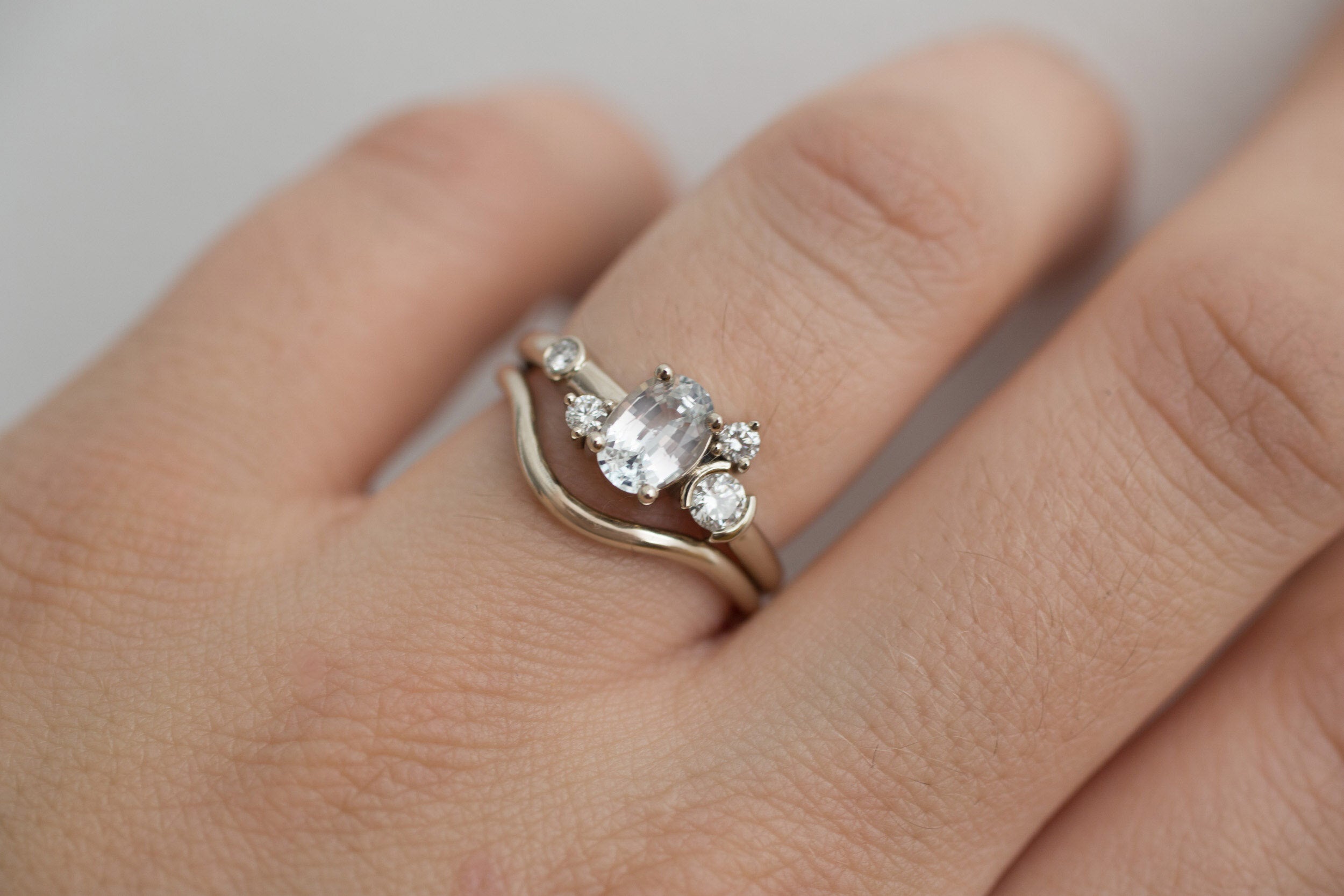 Mae Ring | Oval White Sapphire + Diamond Cluster Engagement Ring | 14k Recycled White Gold