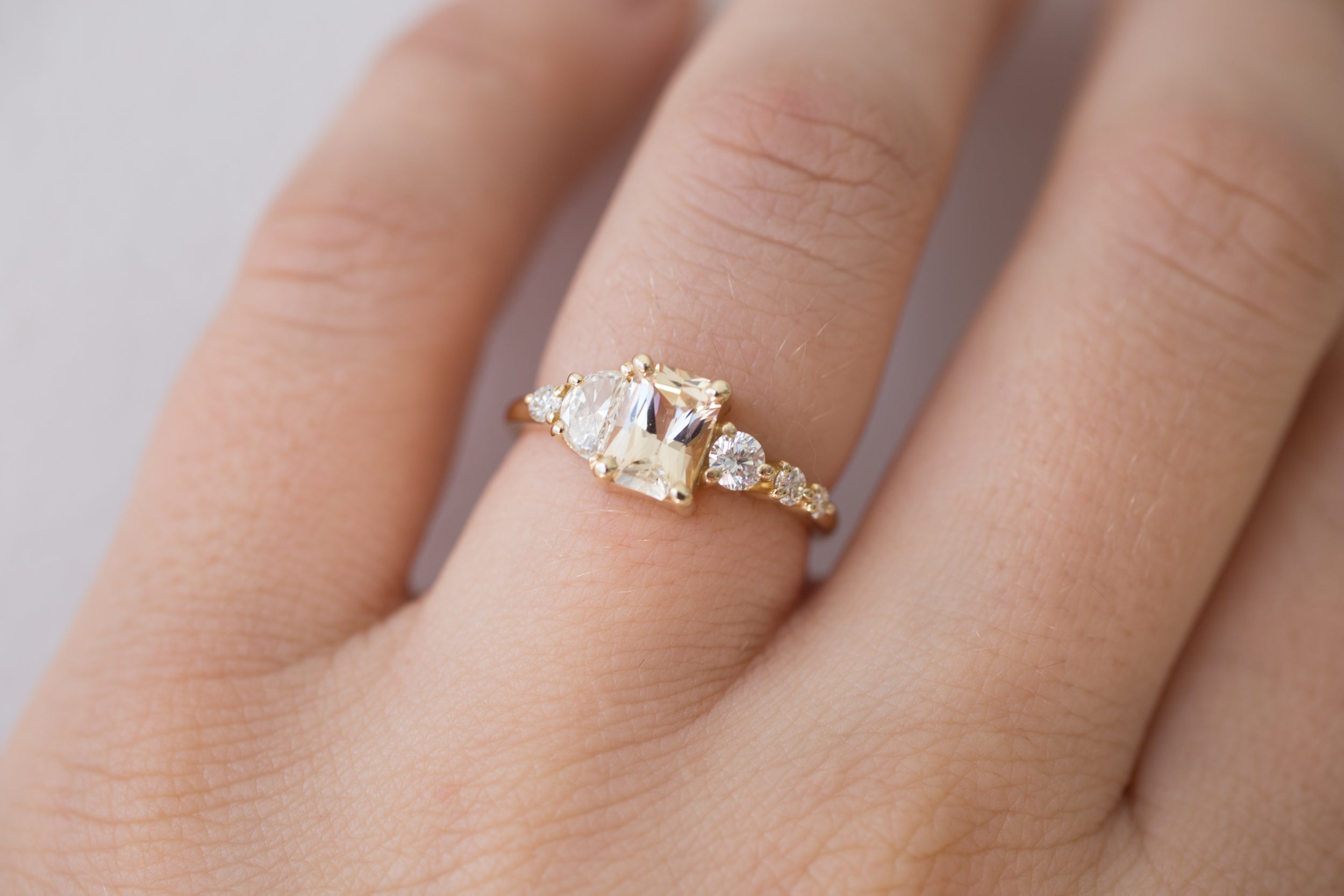 Apricot Sri Lankan Sapphire, Half Moon Diamond + Diamond Cluster Engagement Ring | 14k Recycled Gold | One of a Kind