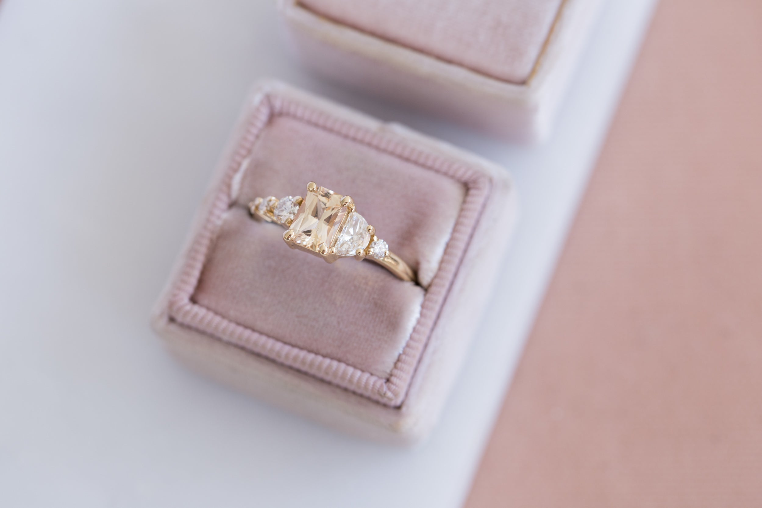 Apricot Sri Lankan Sapphire, Half Moon Diamond + Diamond Cluster Engagement Ring | 14k Recycled Gold | One of a Kind
