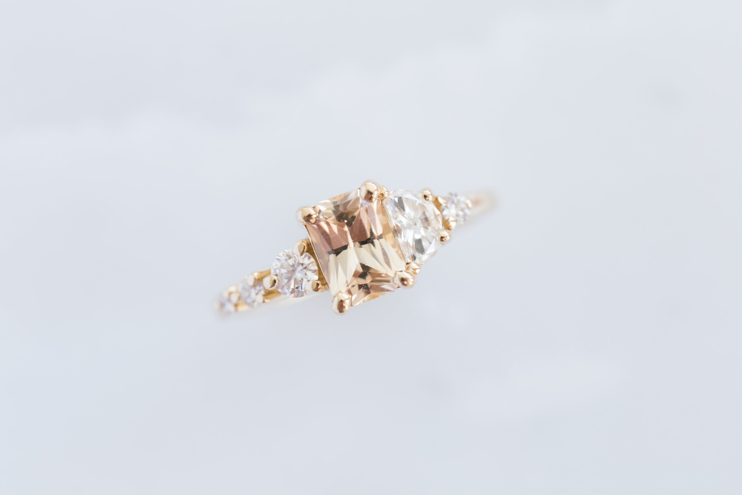 Apricot Sri Lankan Sapphire, Half Moon Diamond + Diamond Cluster Engagement Ring | 14k Recycled Gold | One of a Kind