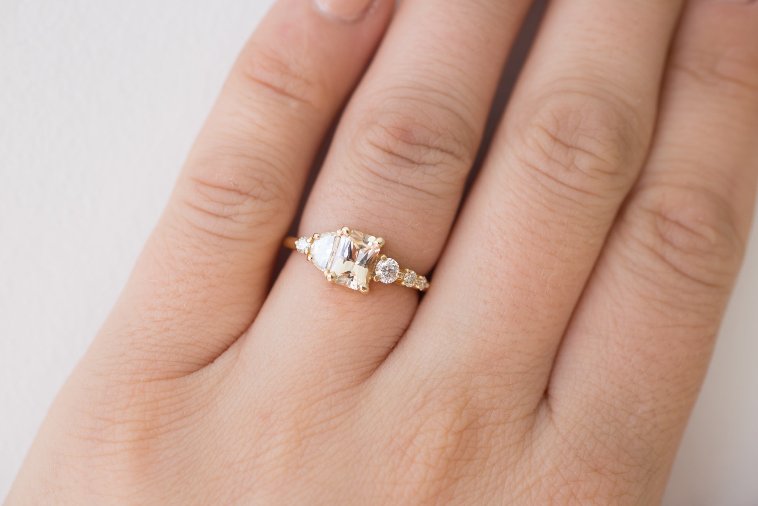 Apricot Sri Lankan Sapphire, Half Moon Diamond + Diamond Cluster Engagement Ring | 14k Recycled Gold | One of a Kind