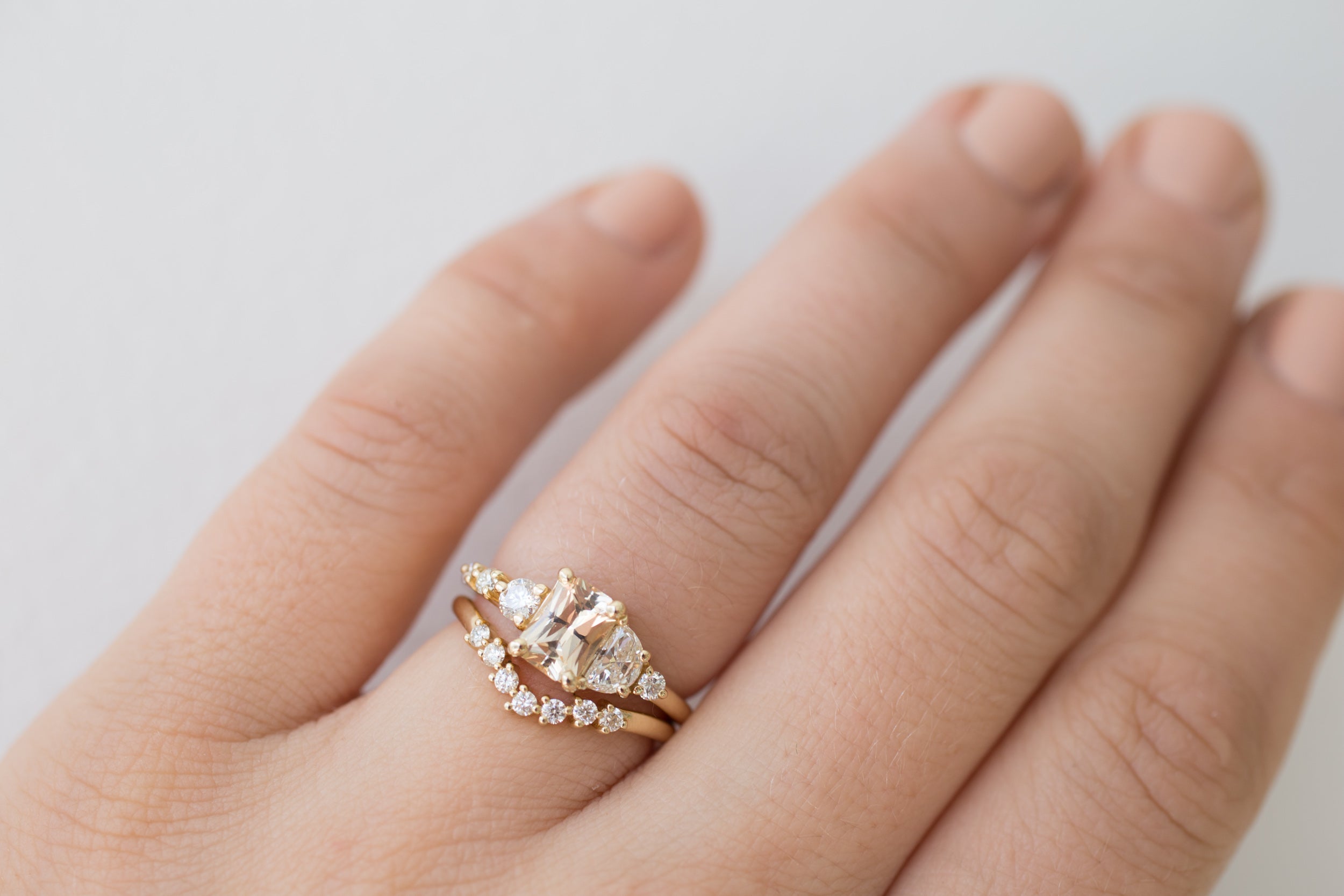 Apricot Sri Lankan Sapphire, Half Moon Diamond + Diamond Cluster Engagement Ring | 14k Recycled Gold | One of a Kind