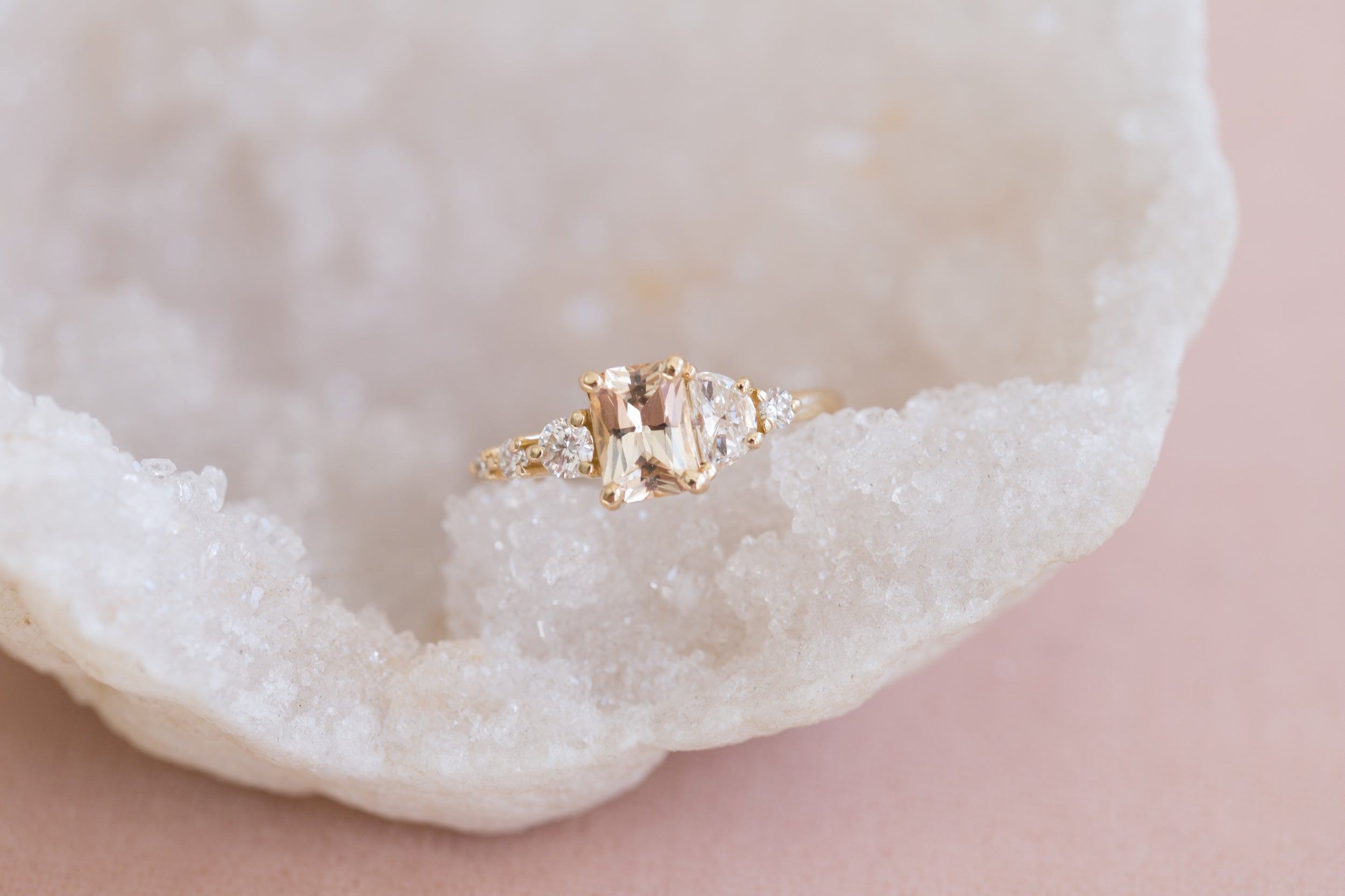 Apricot Sri Lankan Sapphire, Half Moon Diamond + Diamond Cluster Engagement Ring | 14k Recycled Gold | One of a Kind