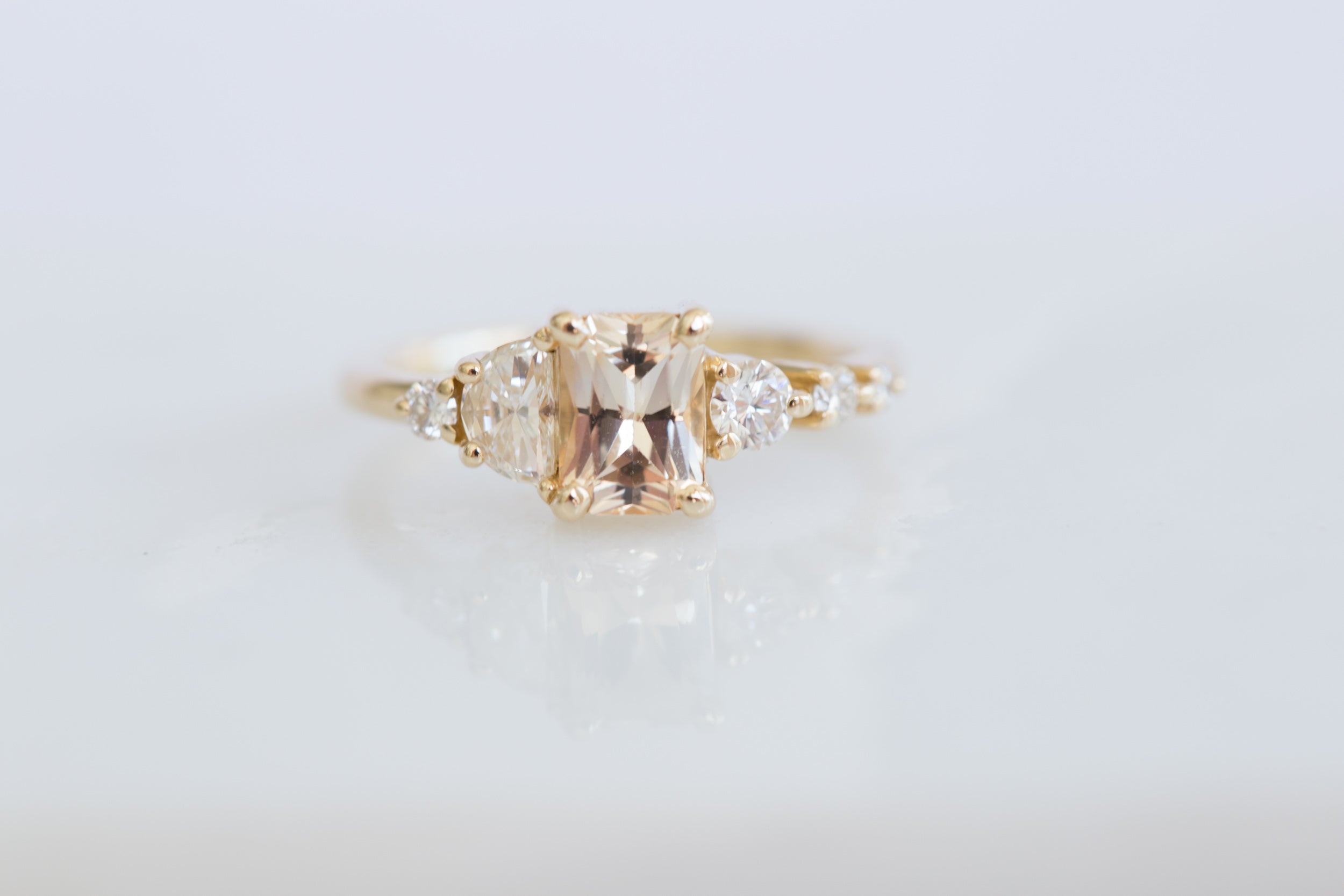 Apricot Sri Lankan Sapphire, Half Moon Diamond + Diamond Cluster Engagement Ring | 14k Recycled Gold | One of a Kind