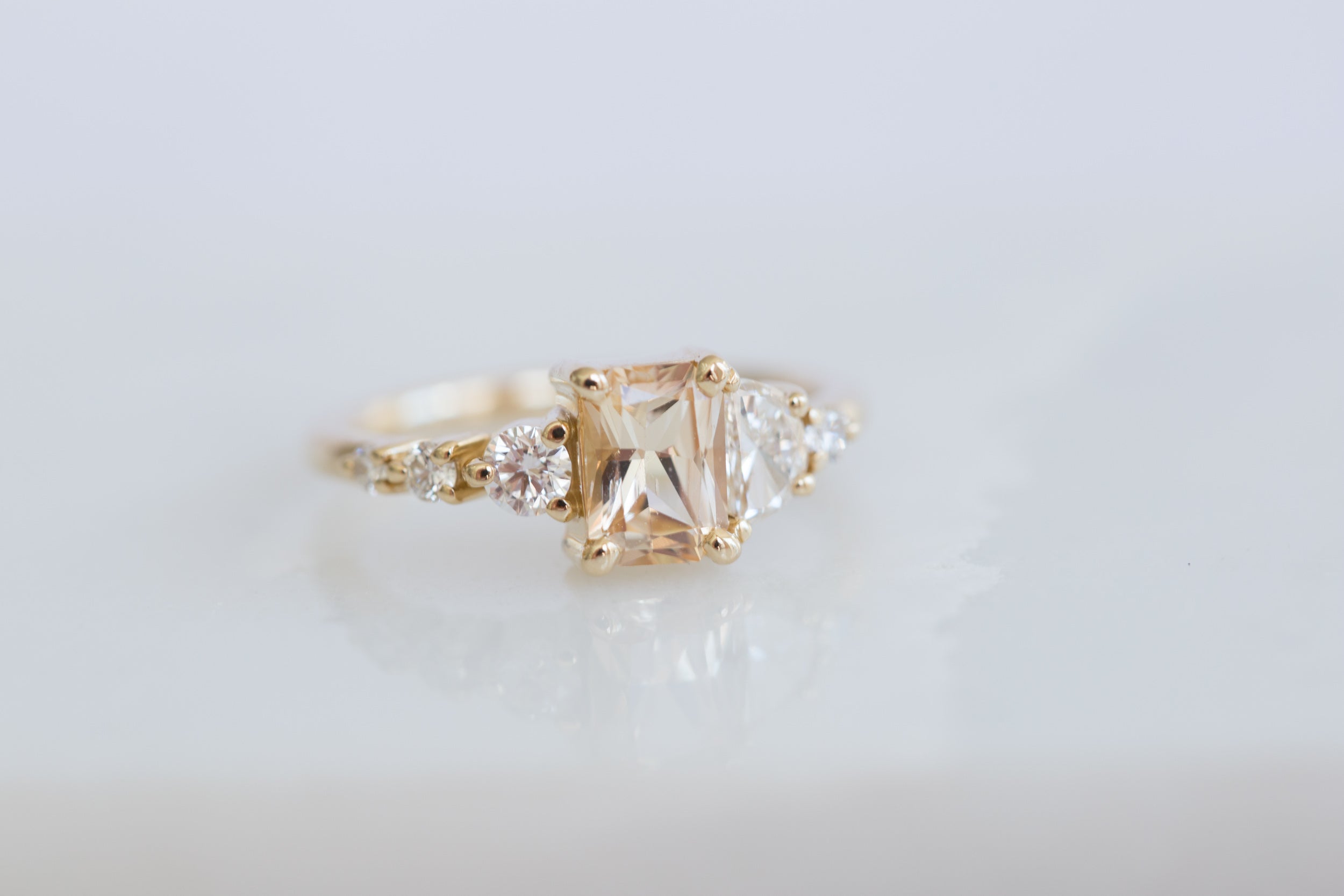 Apricot Sri Lankan Sapphire, Half Moon Diamond + Diamond Cluster Engagement Ring | 14k Recycled Gold | One of a Kind