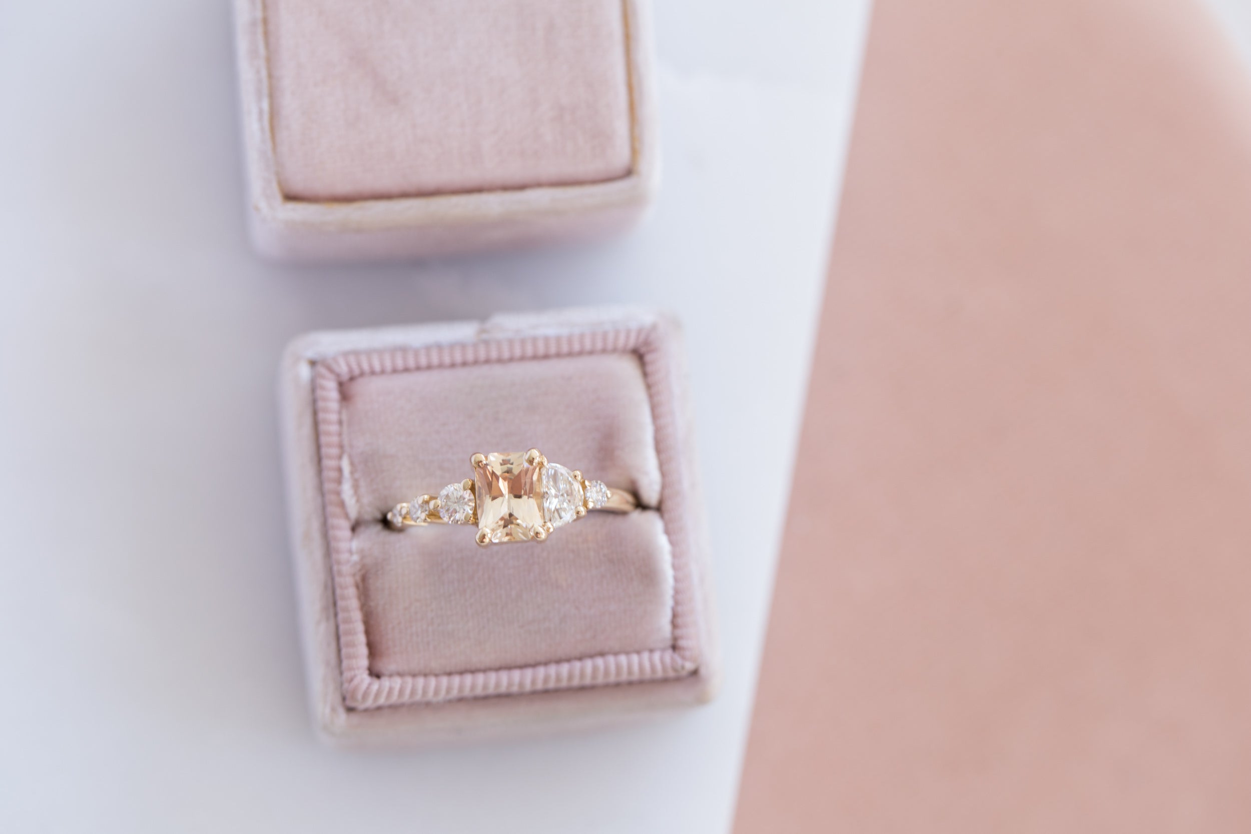 Apricot Sri Lankan Sapphire, Half Moon Diamond + Diamond Cluster Engagement Ring | 14k Recycled Gold | One of a Kind