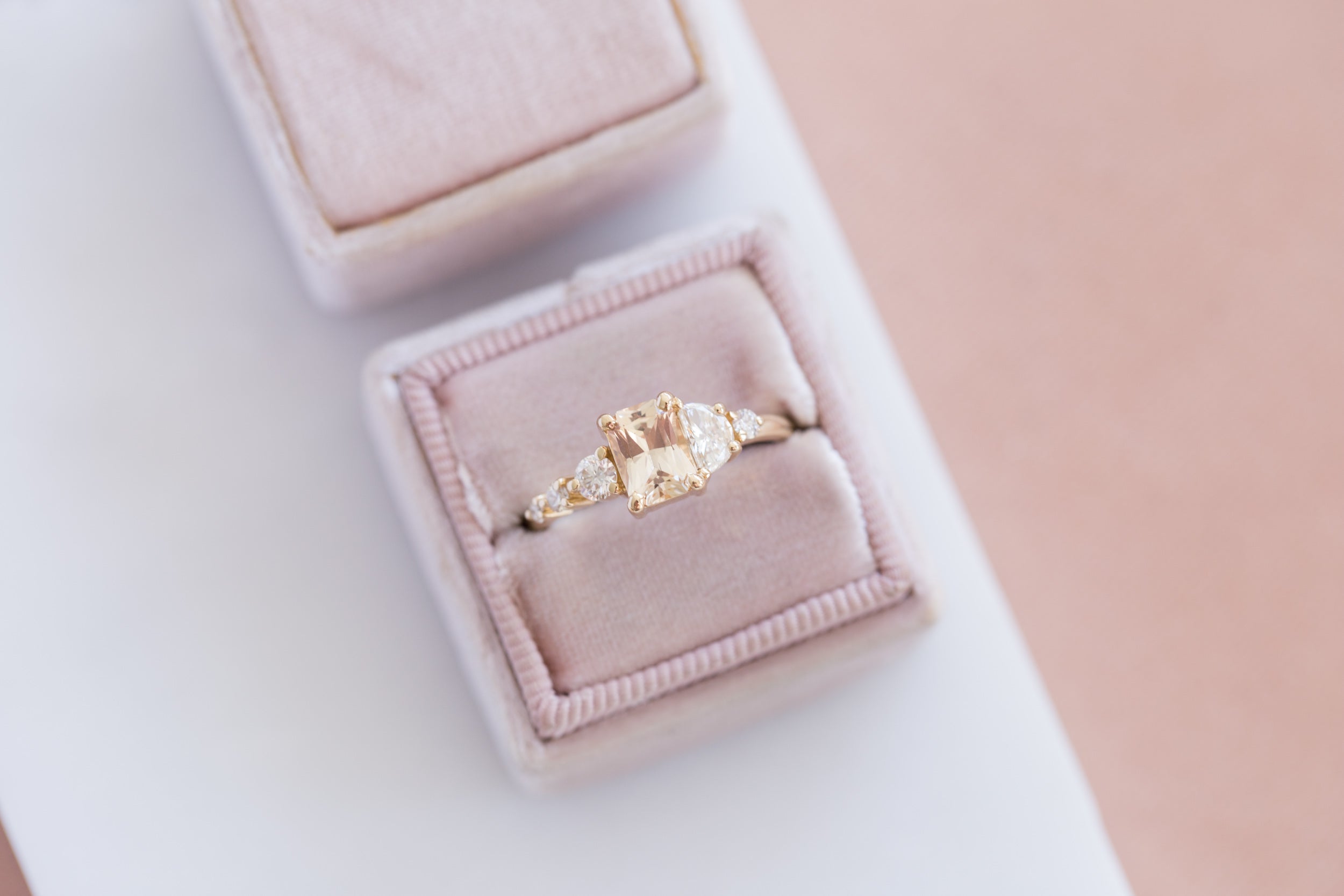 Apricot Sri Lankan Sapphire, Half Moon Diamond + Diamond Cluster Engagement Ring | 14k Recycled Gold | One of a Kind